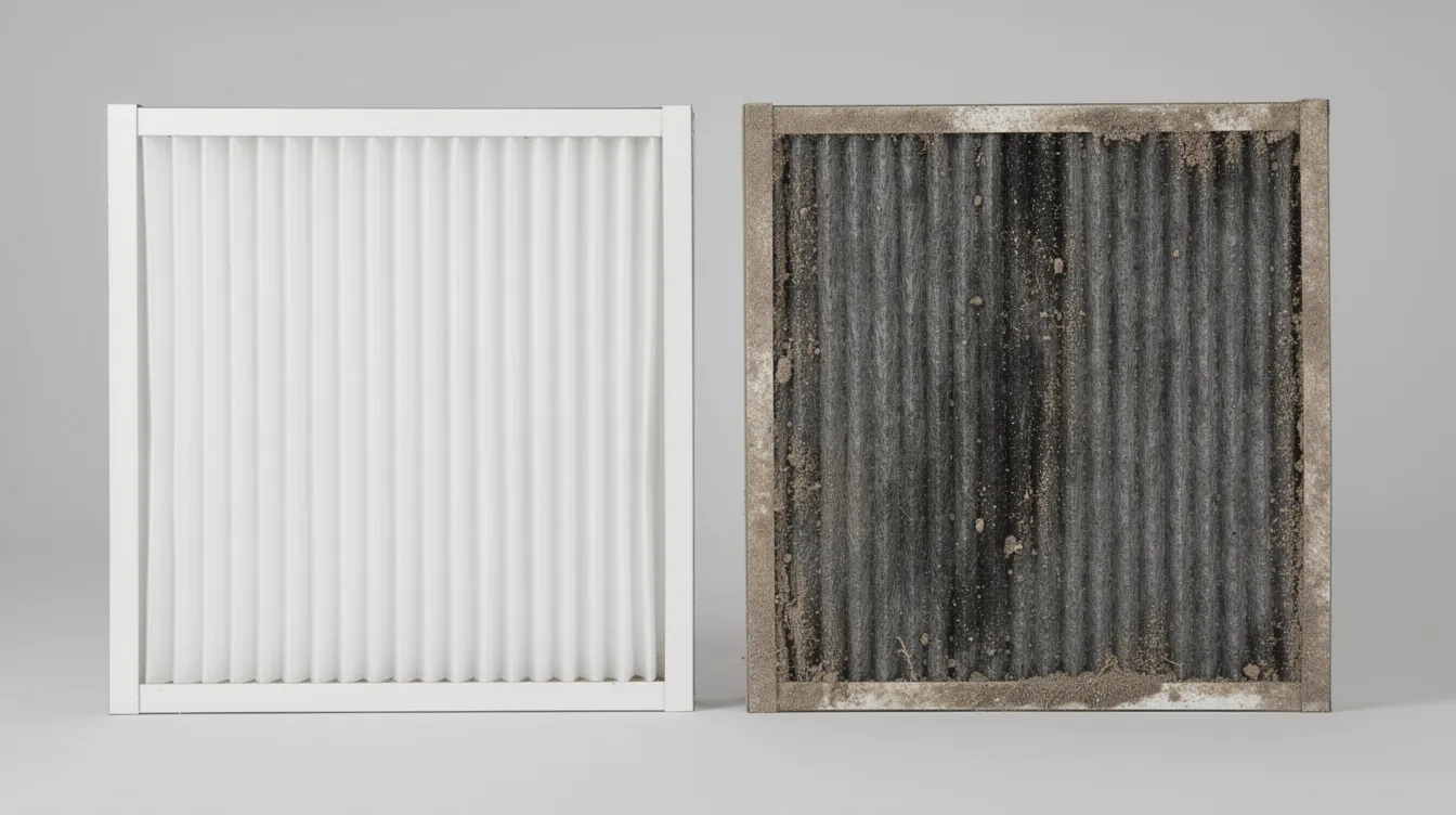 The image shows a close-up comparison of two air filters: one is clean and white, while the other is dirty and gray, indicating a clogged filter. This visual highlights the importance of regular maintenance for your air conditioning system to ensure proper airflow and indoor air quality.