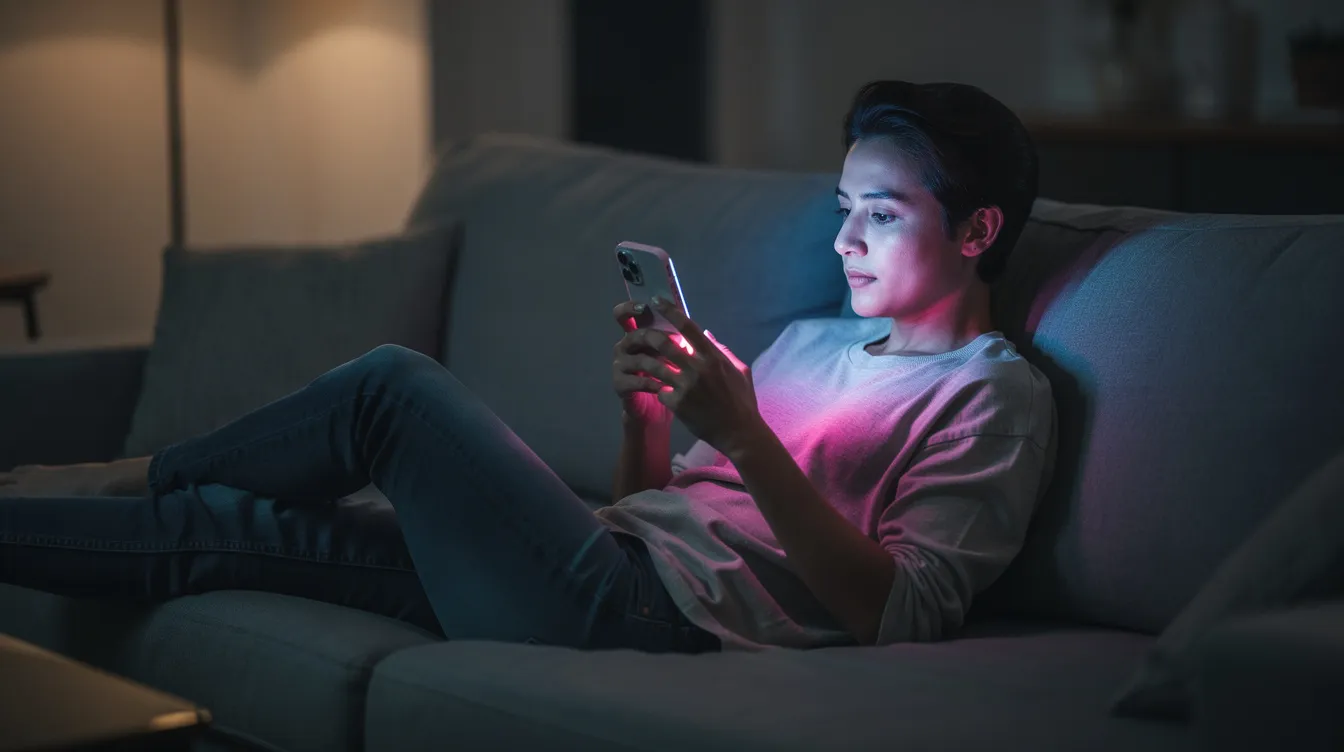 A person is sitting comfortably on a couch, engrossed in their smartphone, with colorful light reflecting from the screen, suggesting they might be exploring spina zonke games or other exciting slot games. The cozy atmosphere hints at a relaxed environment for enjoying frequent wins and bonus rounds.
