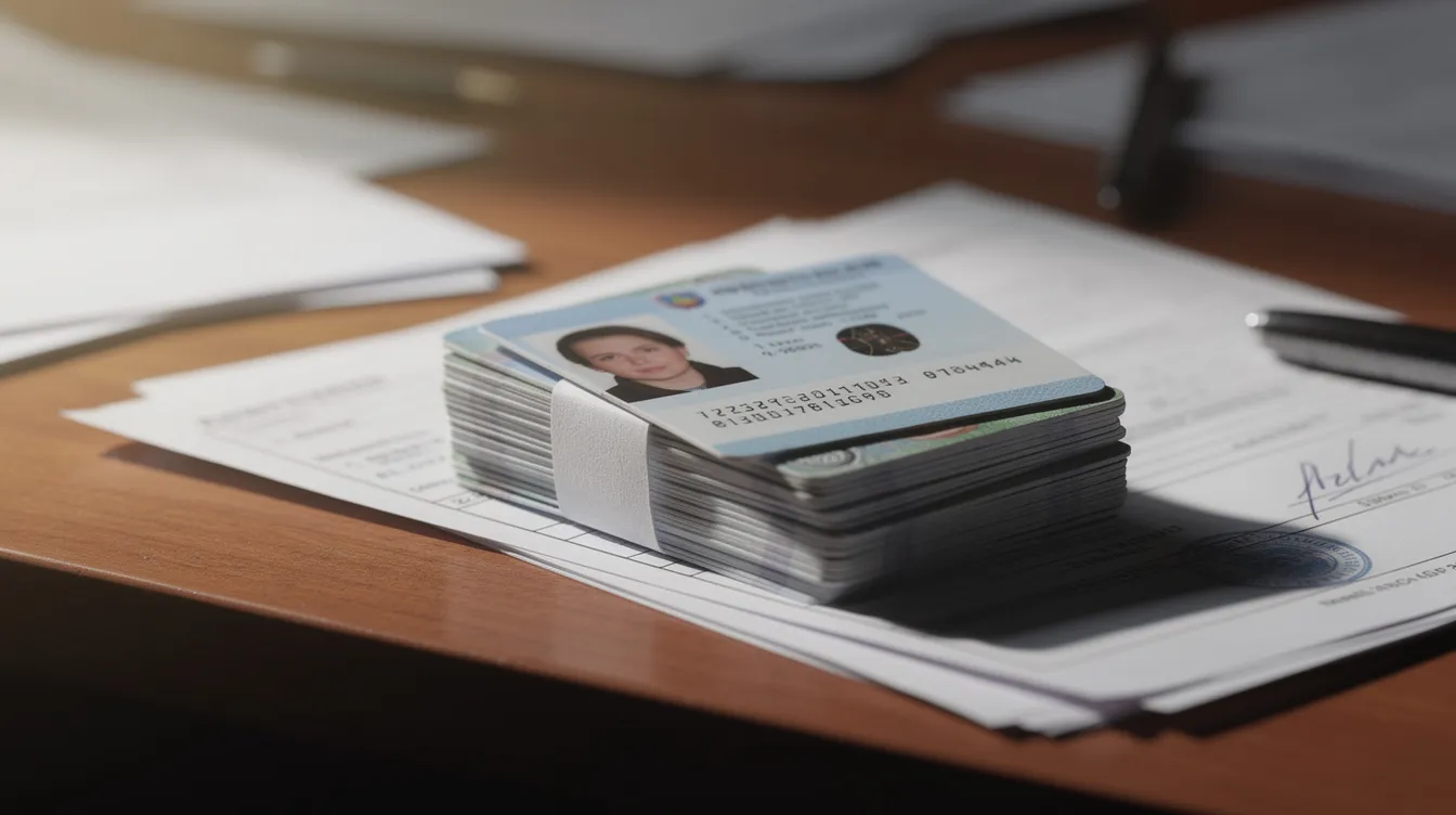 e740756b 749b 4565 b914 1f34a117536f The image depicts a neatly arranged stack of identity cards, photographs, and official papers on a wooden table, which may include essential documents such as address proof and income proof for a mudra loan application. This organized collection suggests preparation for financial assistance related to business growth under programs like the Mantri Mudra Yojana.