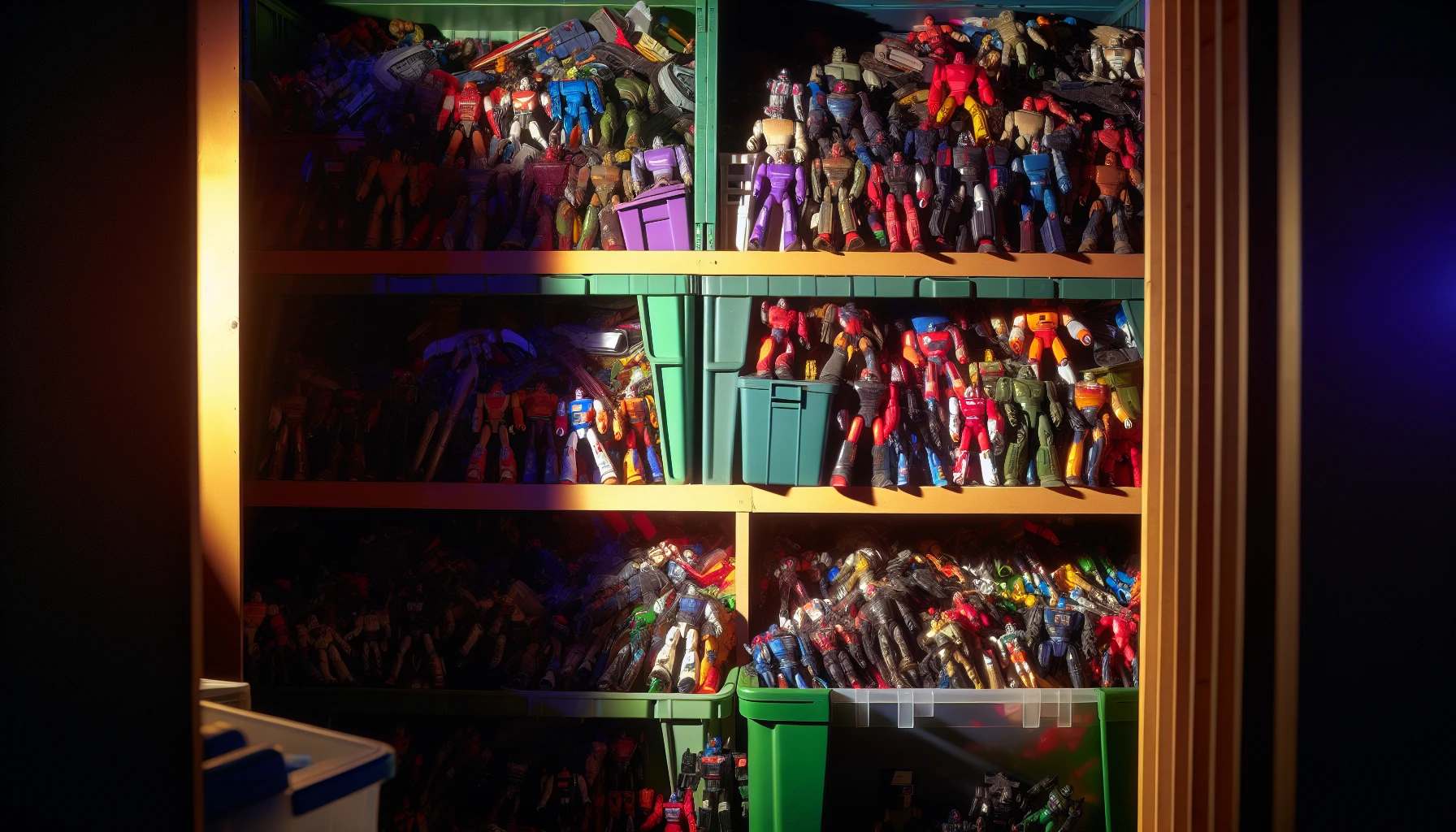 Overcrowded storage unit with action figures packed tightly