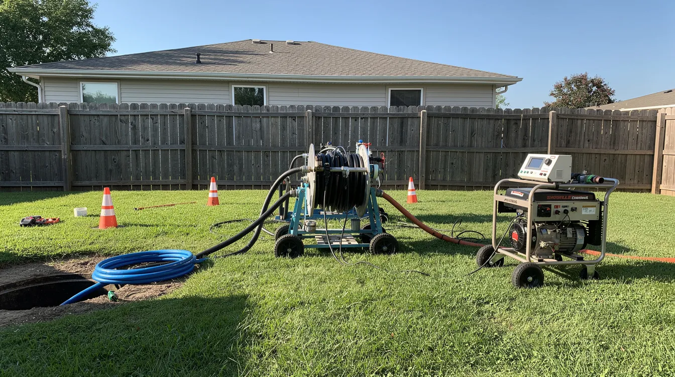 The image shows trenchless pipe lining equipment set up in a residential yard, surrounded by lush green grass and a wooden fence. This scene represents a professional plumber preparing for sewer line repair, highlighting the importance of emergency plumbing services for Seattle homeowners facing plumbing emergencies.