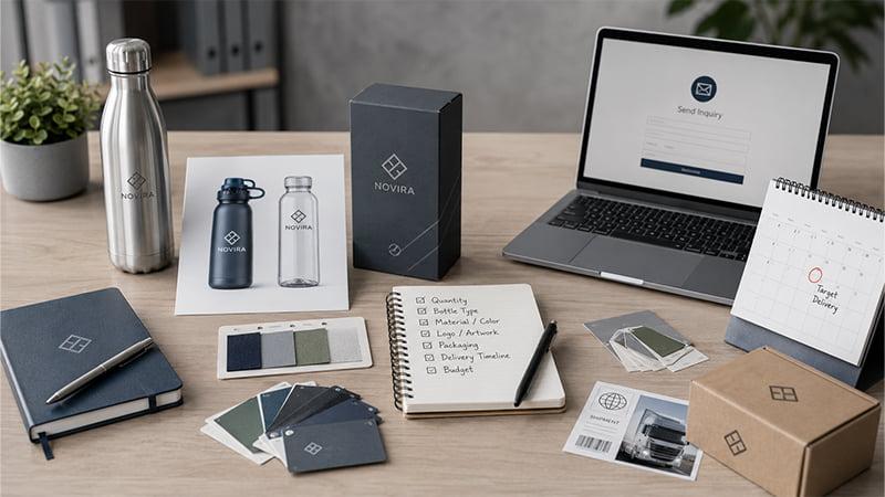 Quote preparation desk for custom water bottles with logo file, color samples, packaging request, quantity, and delivery deadline