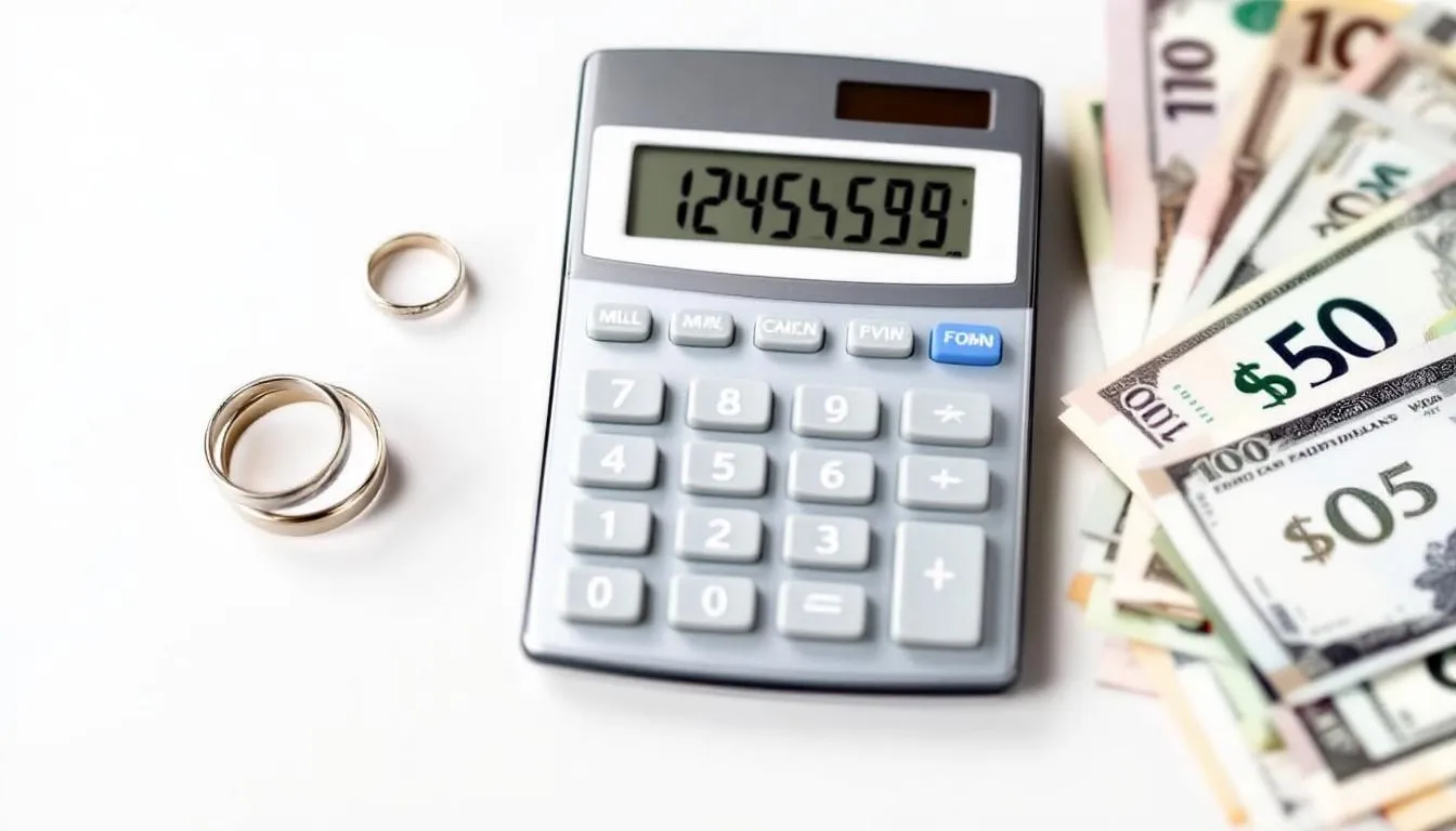 Ein Taschenrechner liegt zwischen zwei Trauringen und Geldscheinen, um die Berechnung eines Hochzeitskredits zu veranschaulichen. Diese Darstellung symbolisiert die finanziellen Überlegungen, die Paare bei der Planung ihrer Traumhochzeit anstellen müssen.