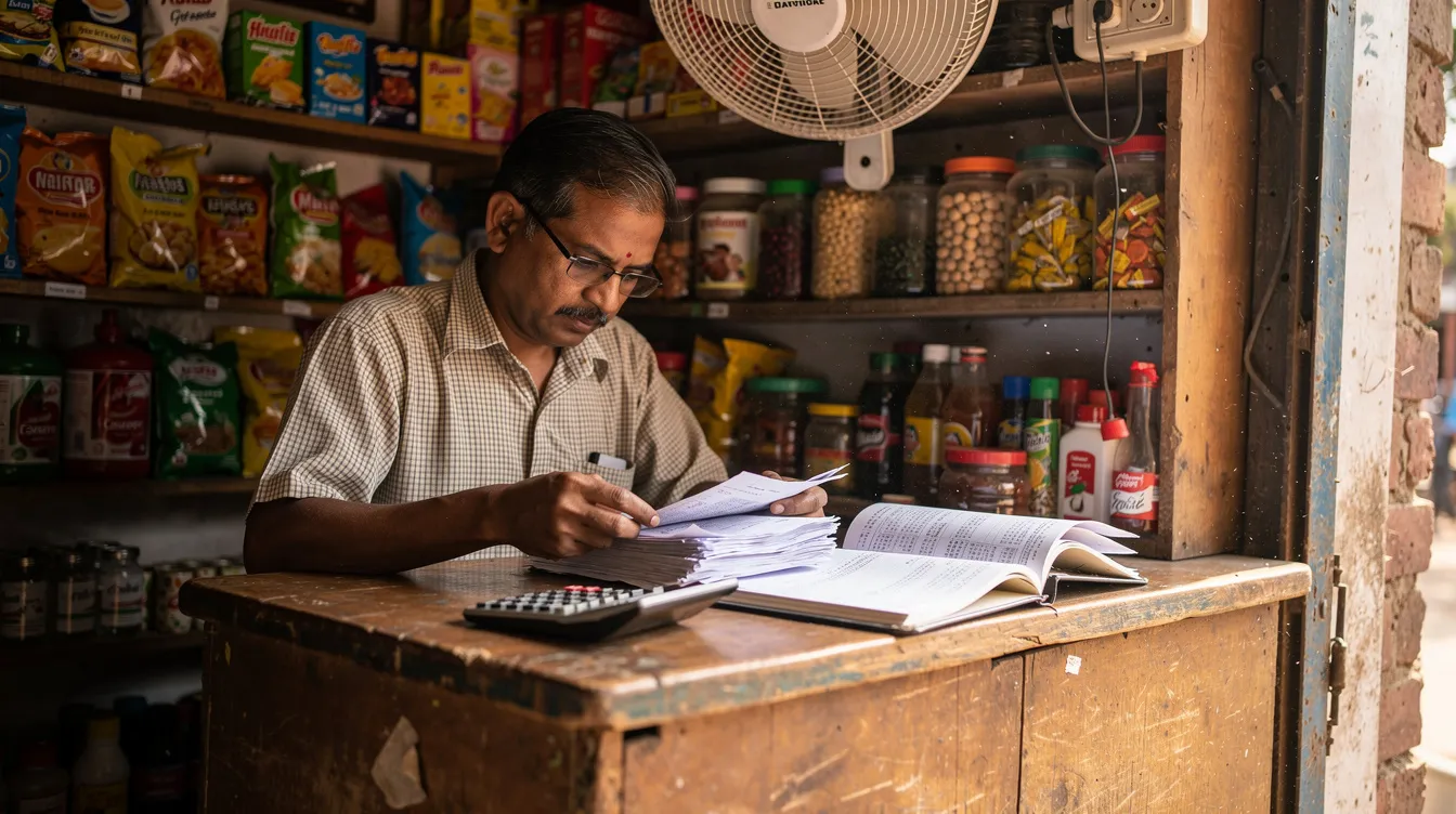 e74495c0 6182 49e9 b752 5404f95ed072 A small Indian shop owner is seated behind a counter, intently reviewing paper documents related to his business, potentially including loan applications and financial records. The scene reflects the importance of a clear business plan and proper documentation for securing a mudra loan or other business financing.