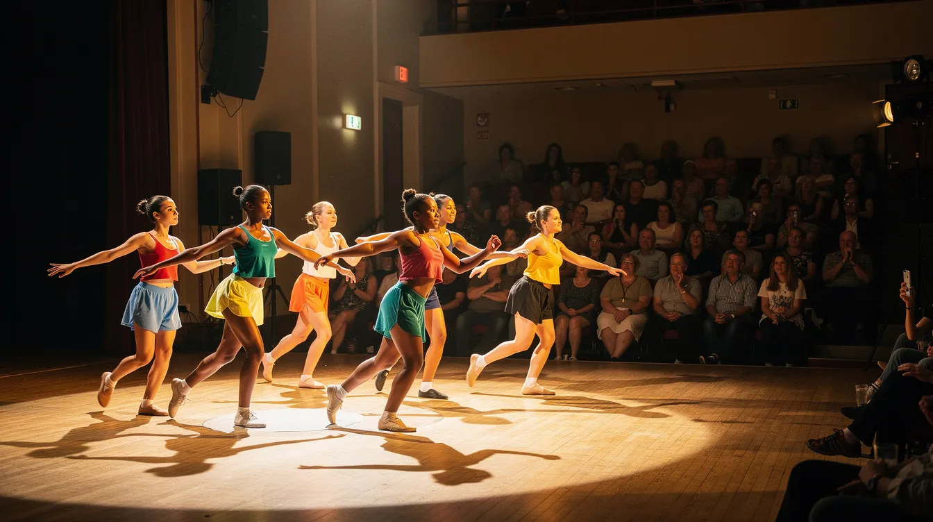 A group of young dancers is performing a vibrant routine on a brightly lit stage, showcasing their skills in a small theatre filled with an attentive seated audience. The atmosphere is alive with the magic of the performing arts, as parents and spectators watch the elegance and emotion of the dance show unfold.