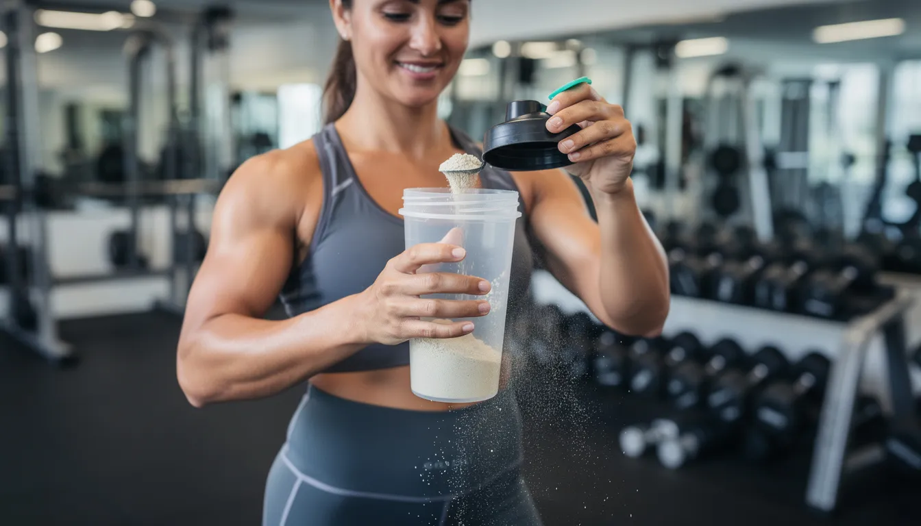 A person in a gym is holding a shaker bottle filled with visible creatine powder, suggesting they are preparing to dry scoop creatine as part of their fitness routine. The scene captures the essence of using powdered supplements to enhance athletic performance and muscle mass.