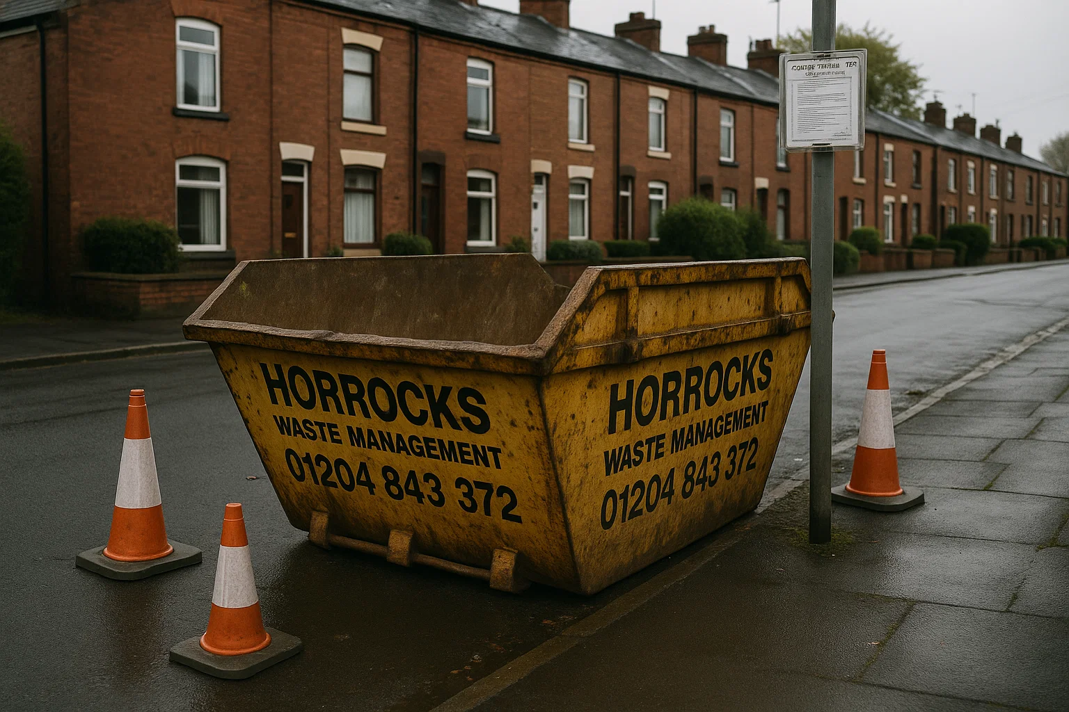 Horrocks skip placed on a residential road in Bolton with visible council permit and safety cones.