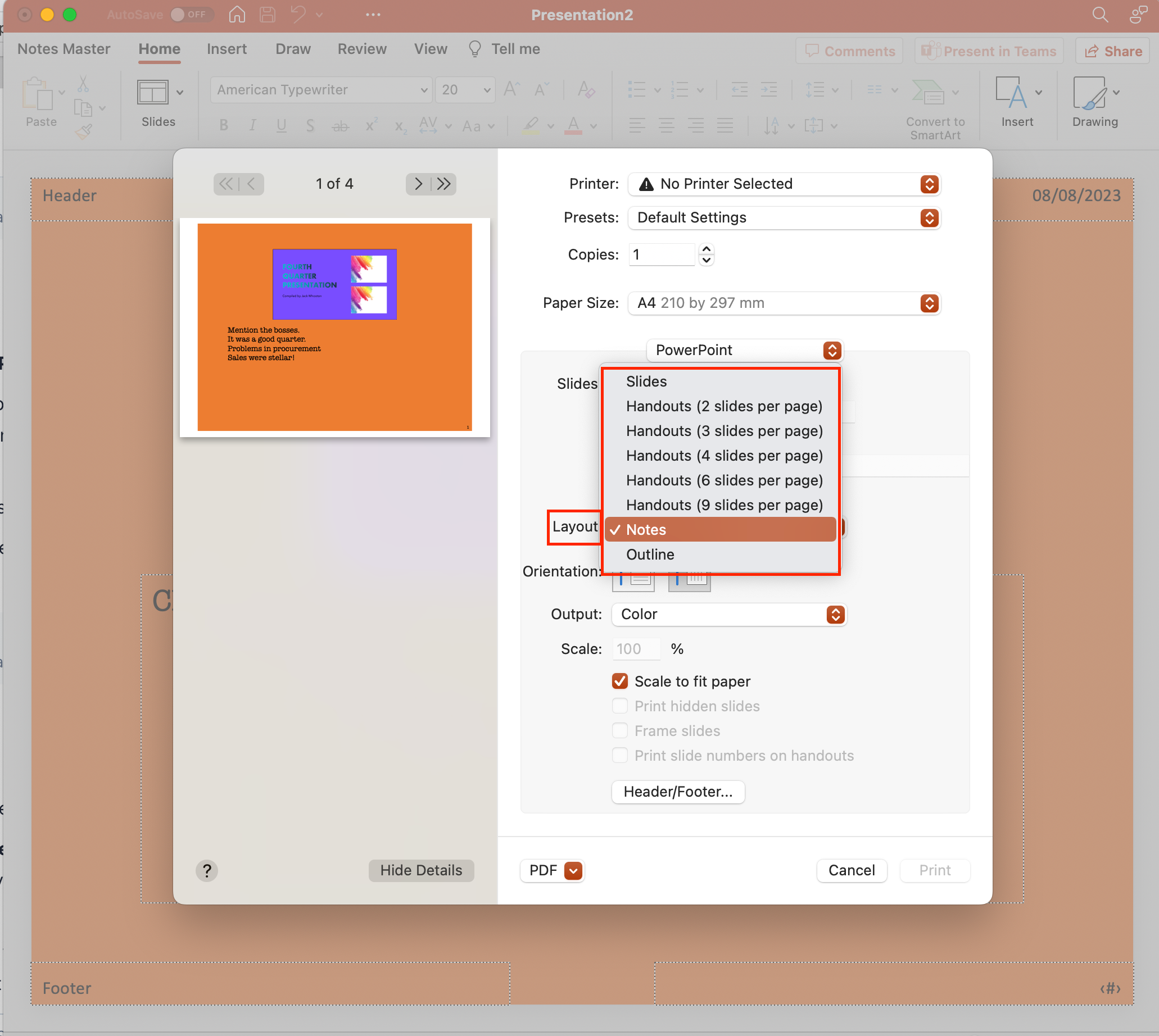 Steps to print your PowerPoint notes
