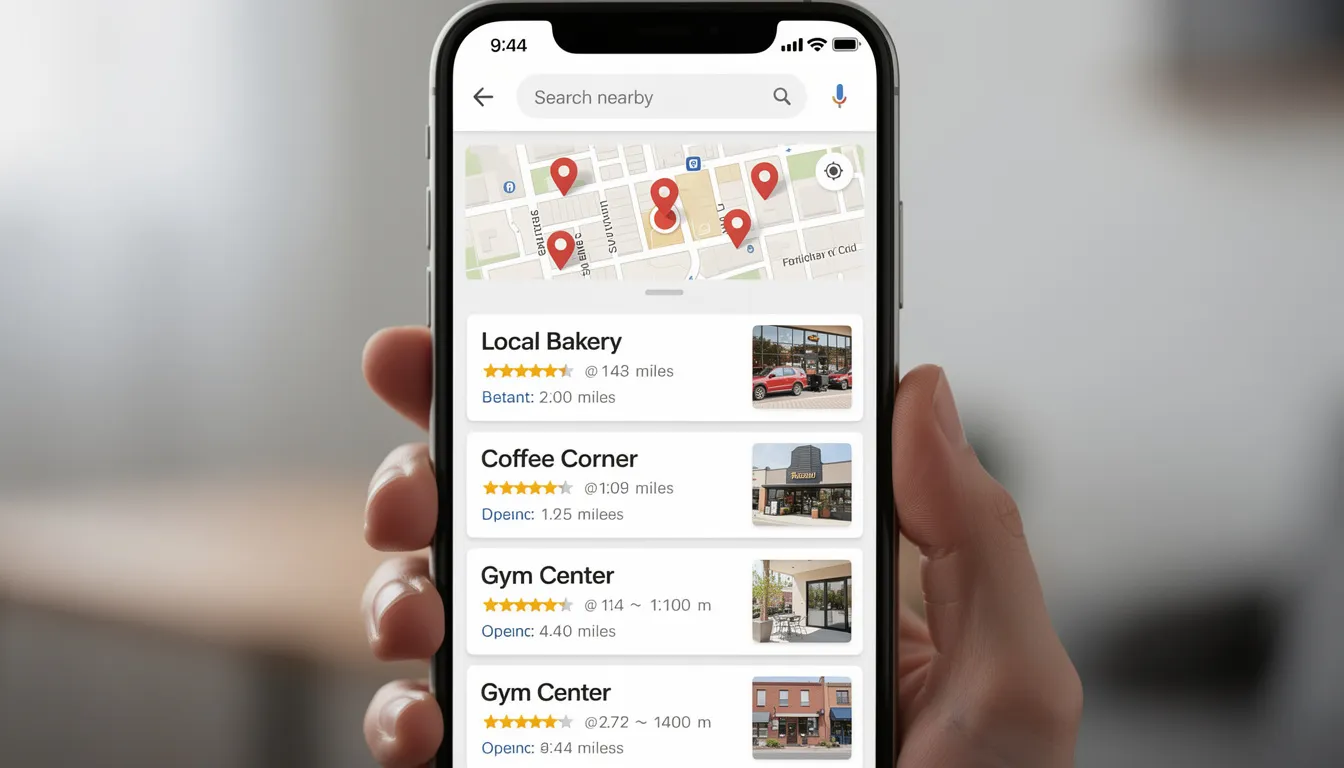 La imagen muestra los resultados de búsqueda en un dispositivo móvil, destacando listados de negocios locales junto a un mapa. Estos resultados son parte de una estrategia de SEO local, lo que ayuda a mejorar la visibilidad de los negocios en Google y atraer clientes potenciales.