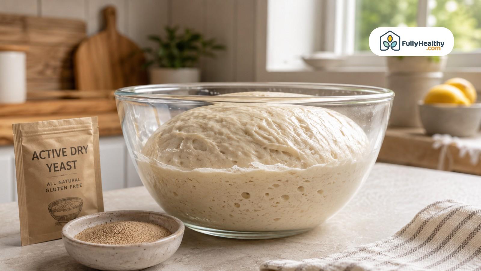 Gluten-free dough rising in glass bowl beside active dry yeast packet