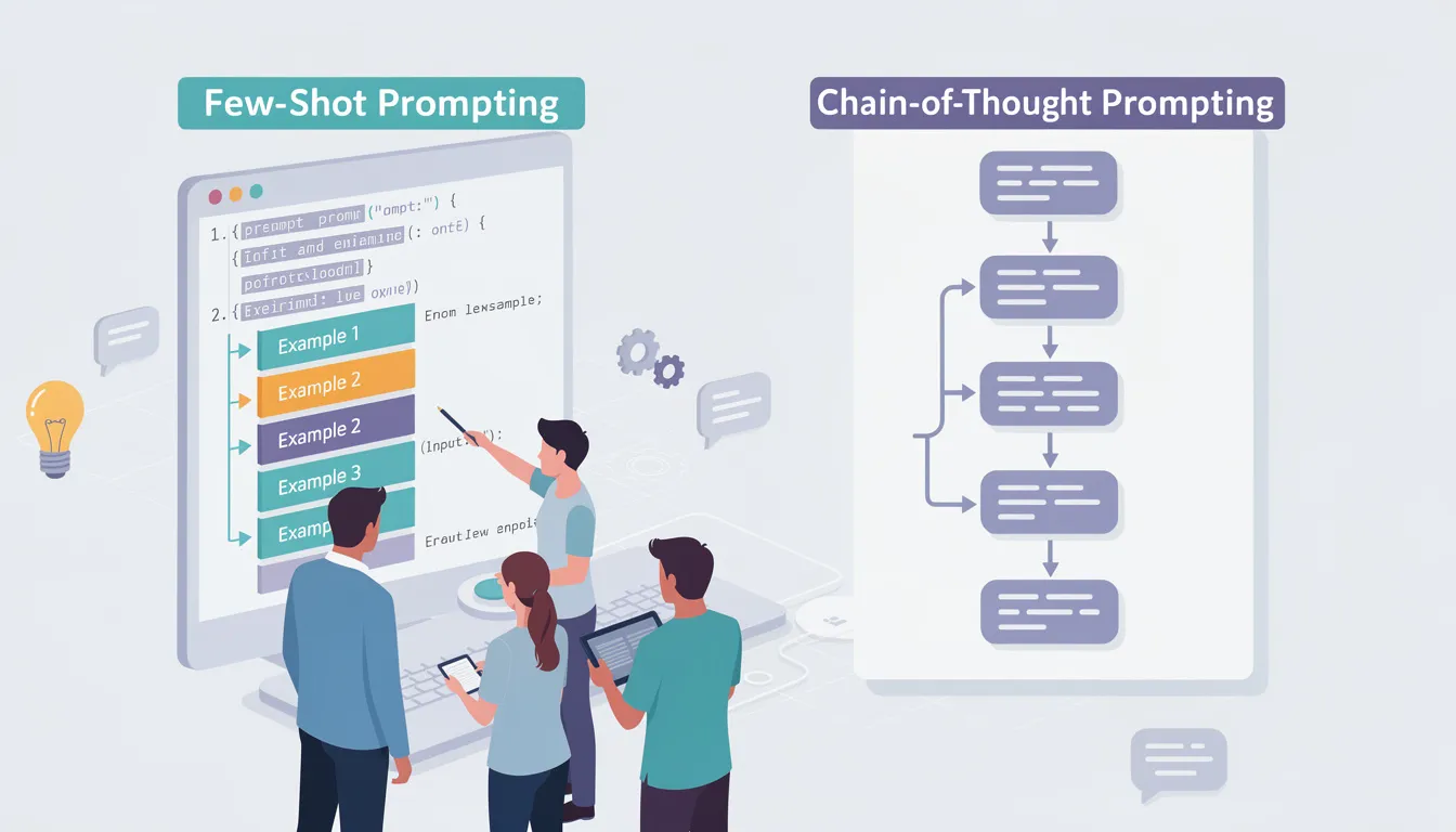 The image illustrates key prompting techniques in artificial intelligence, specifically focusing on few-shot prompting and chain of thought prompting. It visually represents how these prompt engineering techniques can optimize large language models to generate accurate responses for complex tasks, enhancing the effectiveness of user prompts and desired outputs.