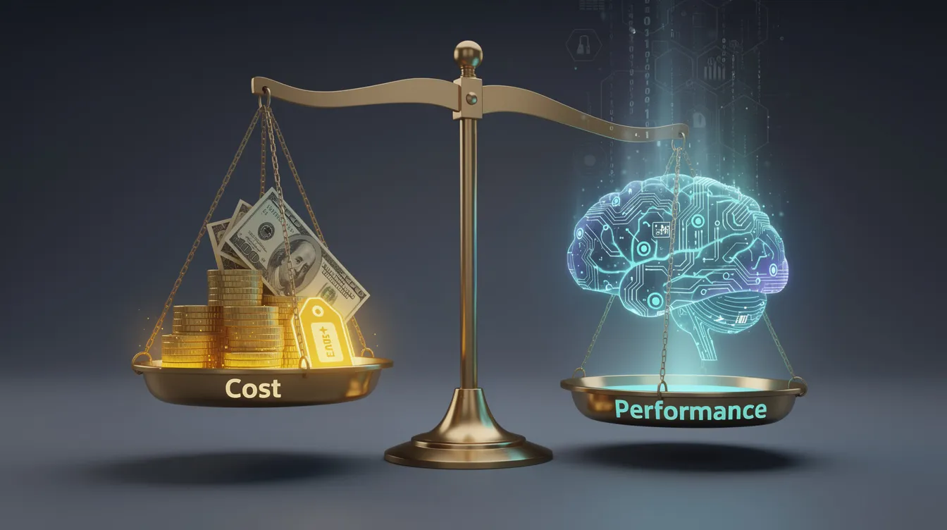 The image depicts a balance scale, illustrating the trade-off between cost and performance in AI systems, particularly in the context of retrieval augmented generation (RAG). On one side, the scale represents cost factors such as data sourcing and processing, while the other side highlights performance aspects like retrieval accuracy and relevant chunk retrieval from external knowledge sources.