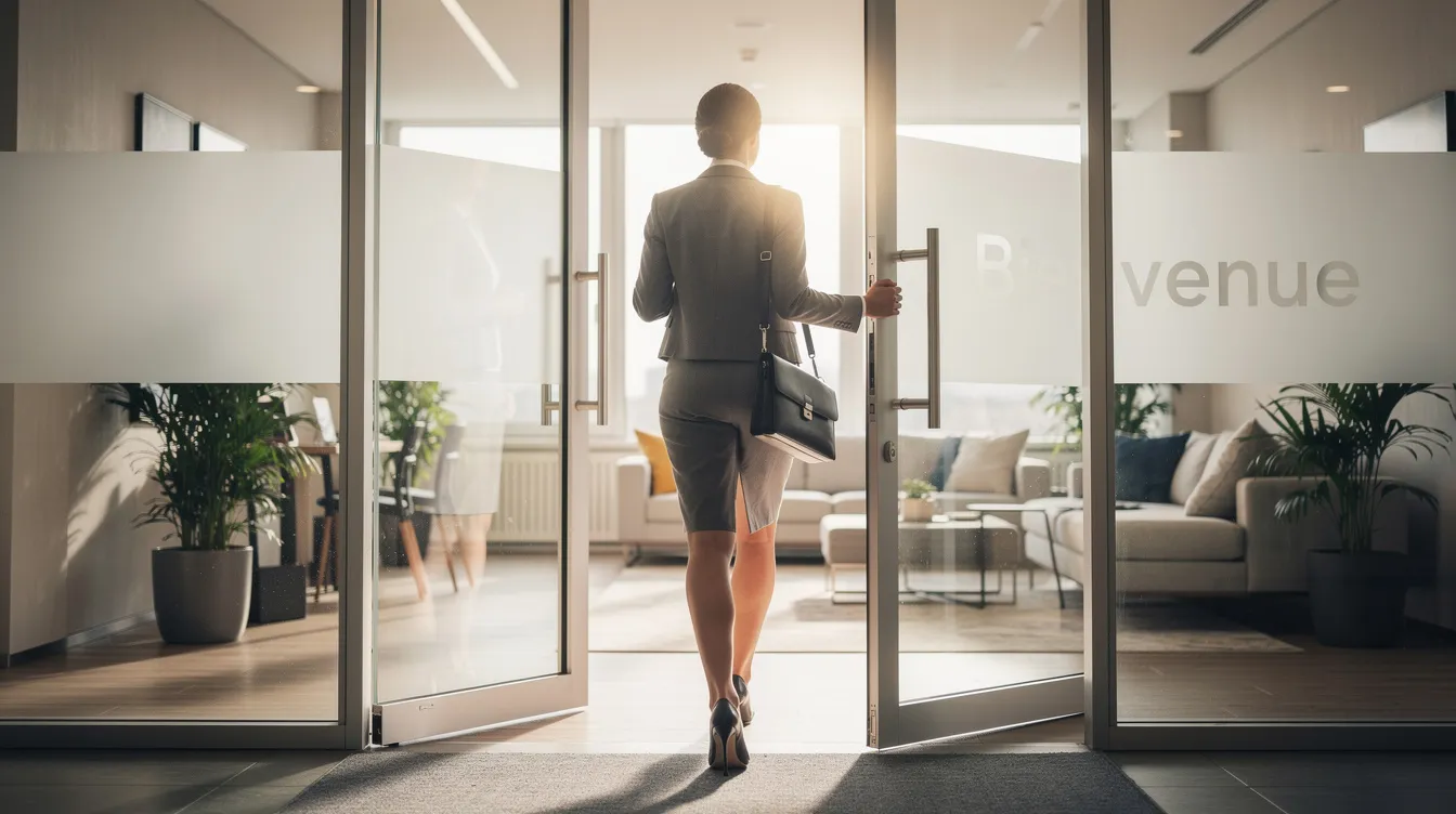 L'image montre un professionnel qui franchit une porte vitrée lumineuse, symbolisant un passage vers un espace ouvert et accueillant, évoquant ainsi le développement personnel et la confiance en soi au travail. Ce moment illustre l'importance de faire appel à un coach professionnel pour surmonter les blocages et atteindre ses objectifs.