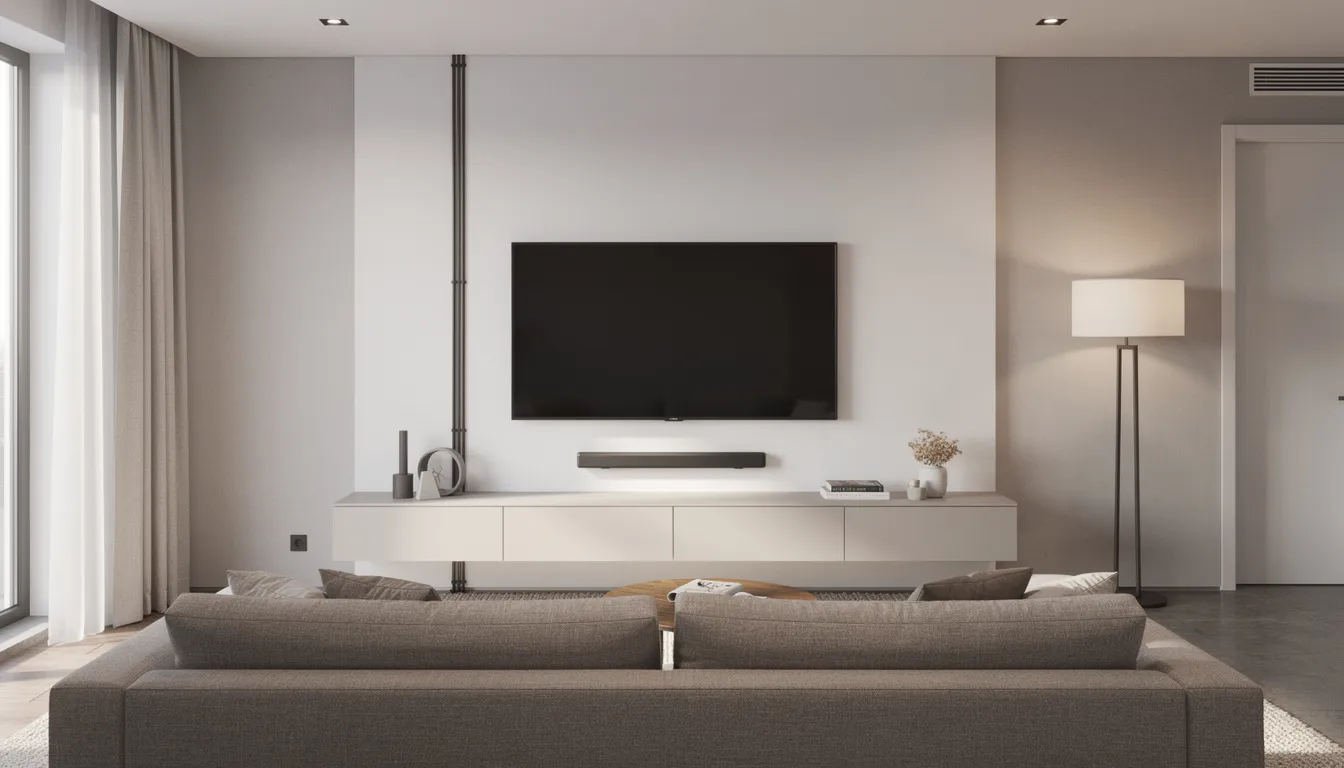 The image depicts a modern living room featuring a wall-mounted television with a tidy cable installation, showcasing a sleek and organized setup ideal for professional DSTV installation services. The clean lines and contemporary decor create a comfortable space for uninterrupted viewing of DSTV channels.