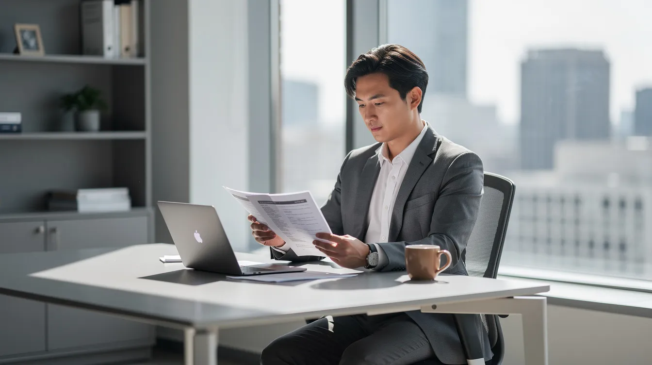 A professional worker is seated at an office desk, intently reviewing paperwork alongside a laptop and a coffee mug. The scene suggests a focus on the visa application process, possibly involving the Spain work permit application or related documents.