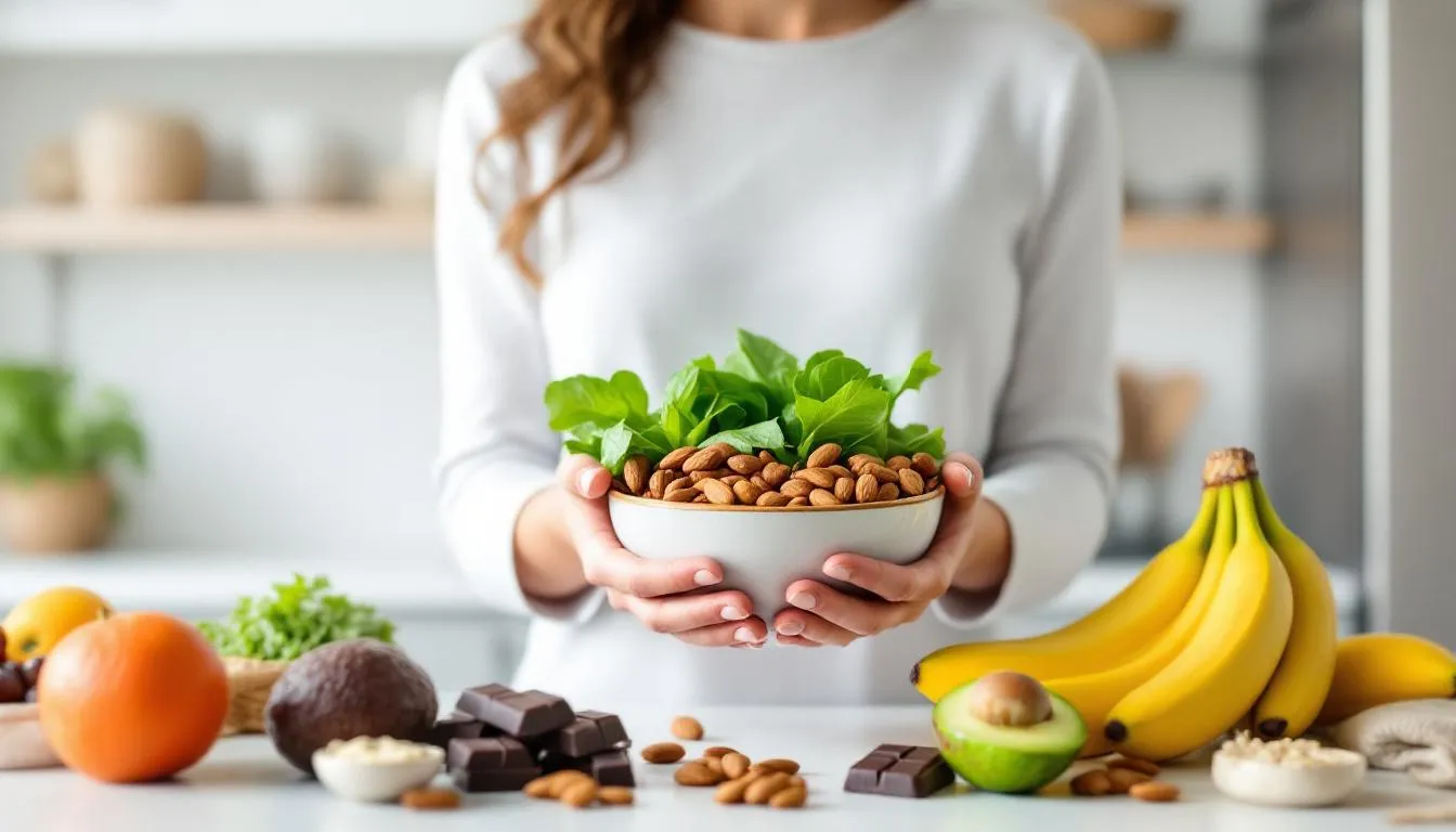 A woman is holding a colorful assortment of healthy foods, including green leafy vegetables, whole grains, and fruits, which are rich in magnesium. This vibrant display emphasizes the importance of magnesium-rich foods for maintaining adequate magnesium levels and supporting overall health benefits, such as muscle function and cardiovascular health.