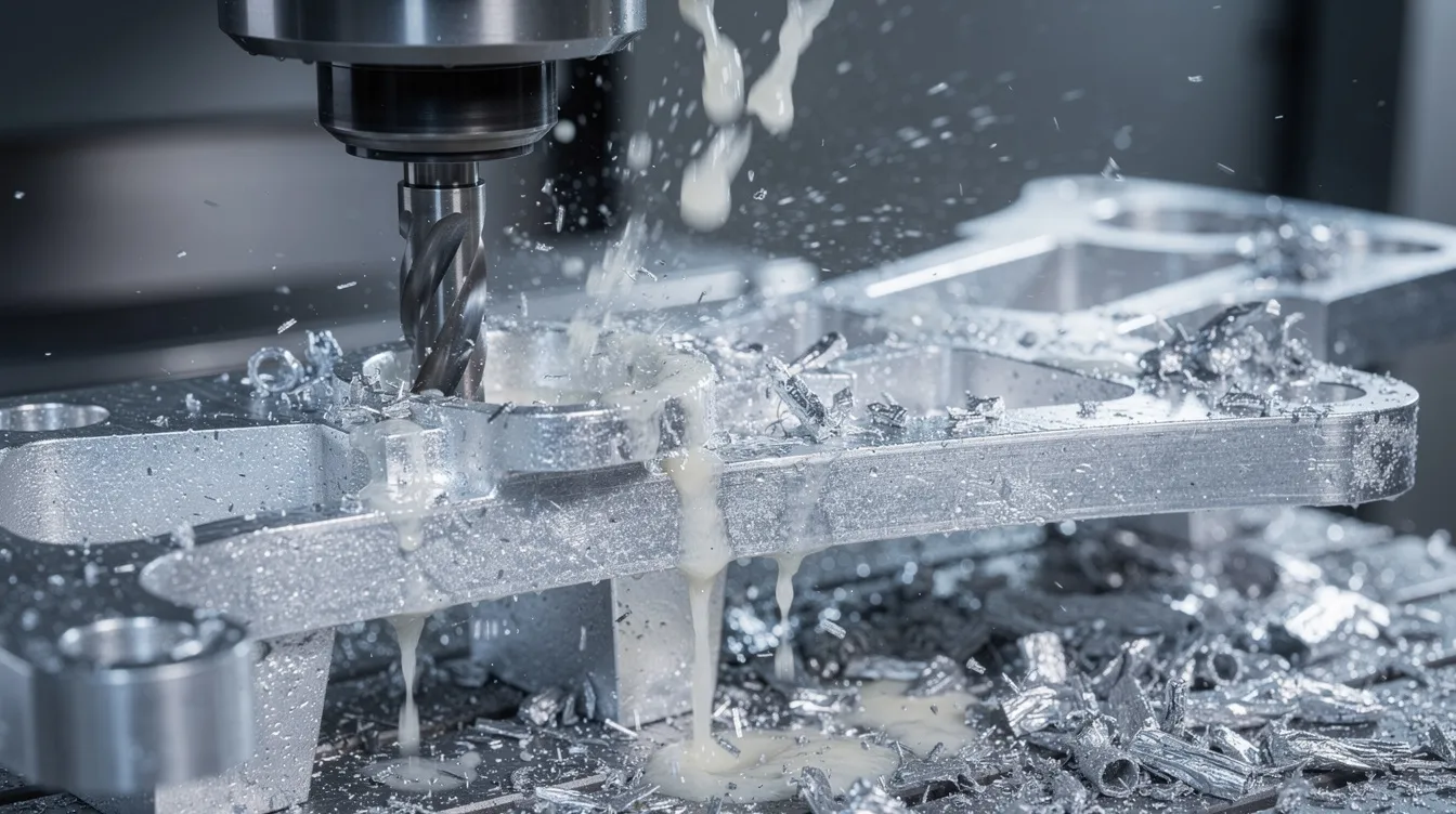 The image shows a close-up view of a CNC machine precisely cutting a complex aluminum aerospace bracket, with coolant visibly flowing over the tool to enhance the machining process. This highlights the advanced precision machining services essential for aerospace manufacturing and the production of high-quality aerospace components.