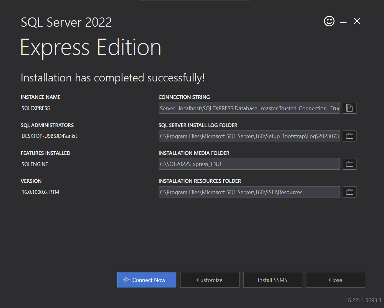 Window showing Installation of SSMS Button in the final screen of SQL Server 2022 Express Edition
