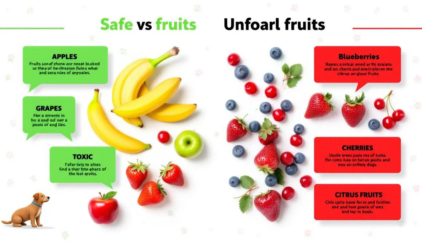 Na obrazku przedstawiono porównanie bezpiecznych i niebezpiecznych owoców dla psów, z szczególnym uwzględnieniem czereśni. Zawiera informacje o tym, że miąższ czereśni może być smaczną przekąską, ale pestki czereśni są szkodliwe i mogą powodować problemy zdrowotne u czworonogów.