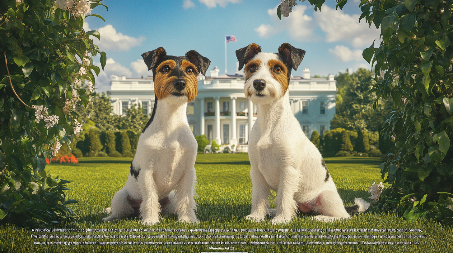 An AI rendition of Big Ben and Sonnie in front of Herbert Hoover's White House