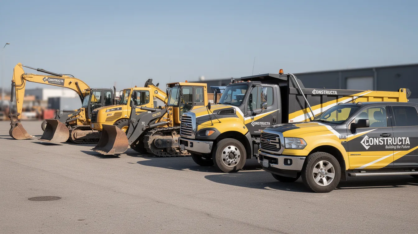 A fleet of construction vehicles, all featuring a consistent color palette and clean branded graphics, is parked in a row, showcasing a strong brand identity that reflects the company's commitment to quality in the construction industry. This visual identity is essential for construction companies aiming to create a trustworthy reputation and make a lasting impression on potential clients.