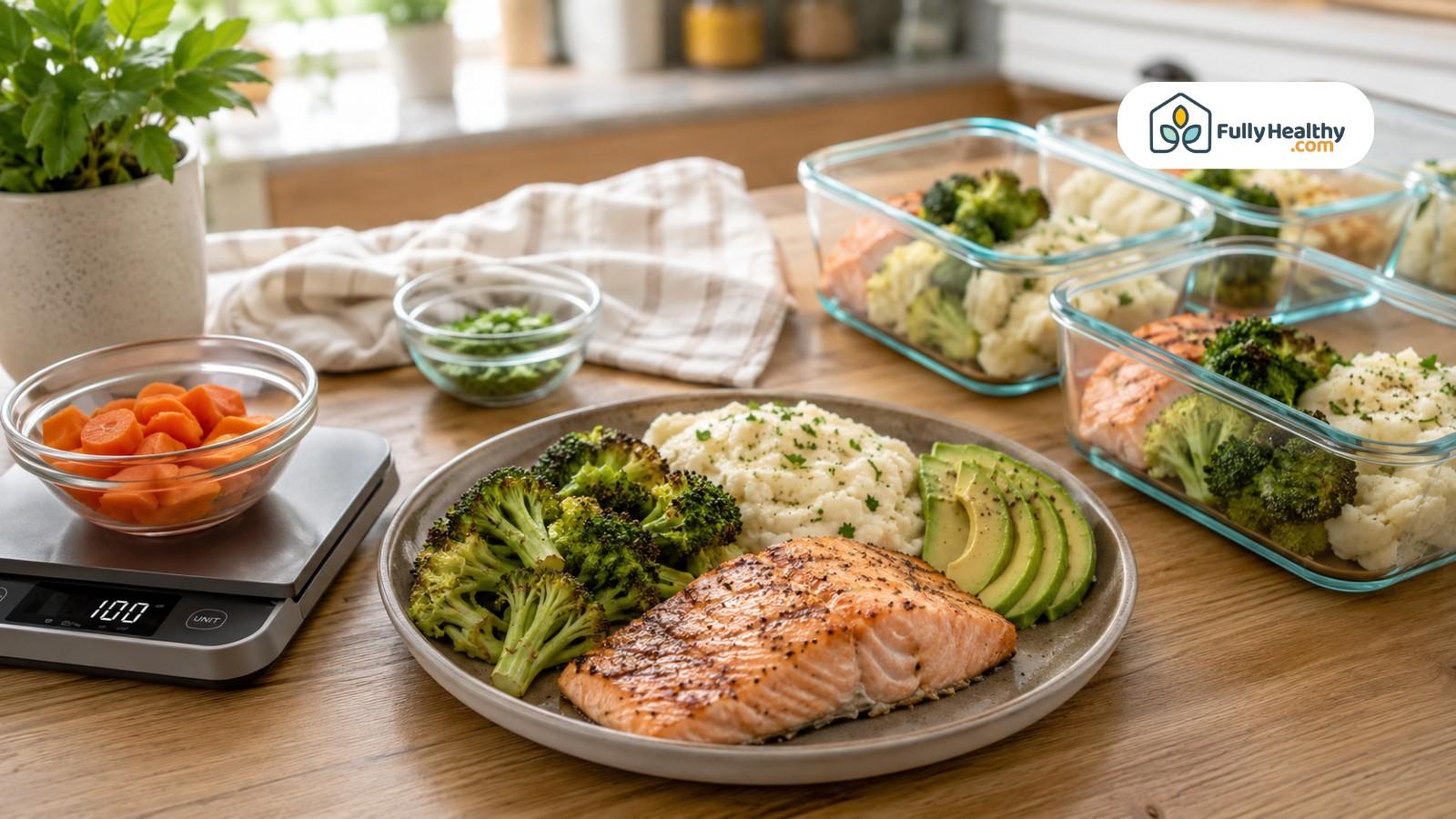 Grilled salmon meal prep with cauliflower mash, broccoli, avocado, and measured carrots