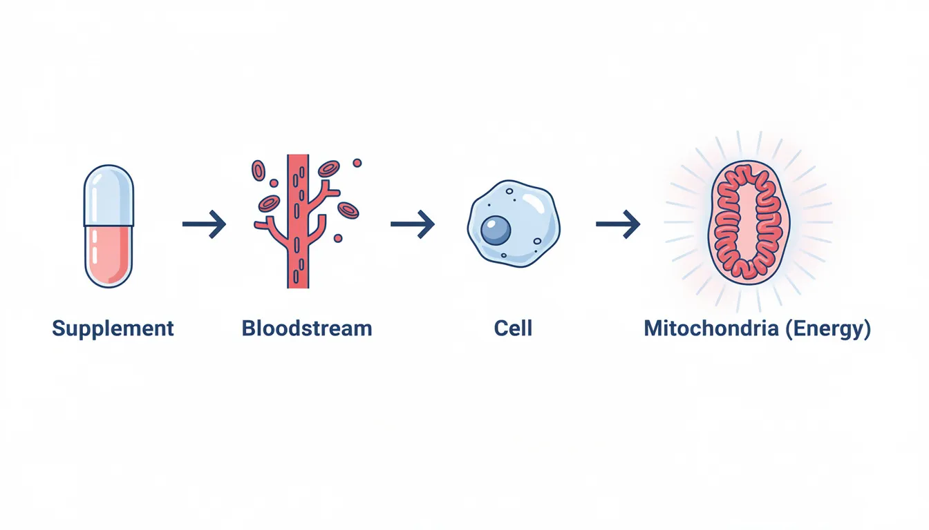 The image depicts a simplified diagram illustrating the process of taking NMN supplements, showing a capsule leading to blood vessels, then to a cell, and finally to mitochondria generating energy. This visual representation highlights the role of nicotinamide mononucleotide in cellular energy production and its potential health benefits related to metabolic health and aging.