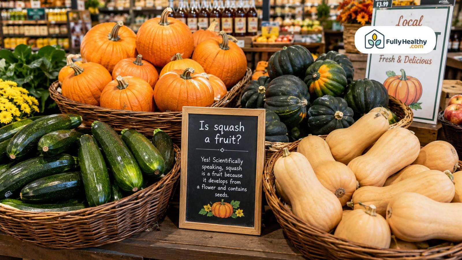 Market baskets filled with squash varieties beside educational fruit classification sign
