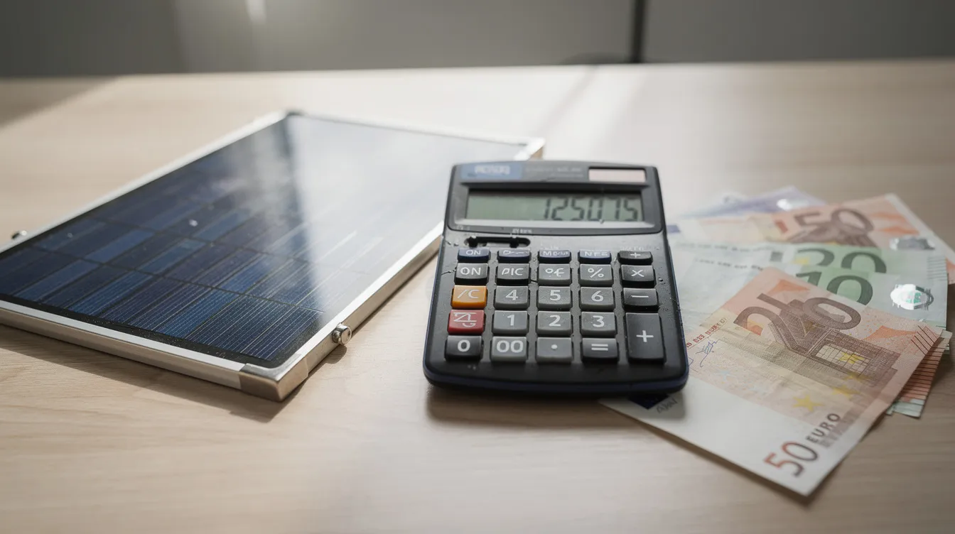 Auf dem Schreibtisch liegt ein Taschenrechner neben einem Solarmodul und Euro-Geldscheinen, was auf die finanziellen Aspekte beim Kauf einer Photovoltaikanlage hinweist. Diese Anordnung symbolisiert die Kosten und mögliche Einnahmen, die Betreiber von PV-Anlagen erwarten können, insbesondere im Hinblick auf die Steuerbefreiung und den Nullsteuersatz auf PV-Anlagen.