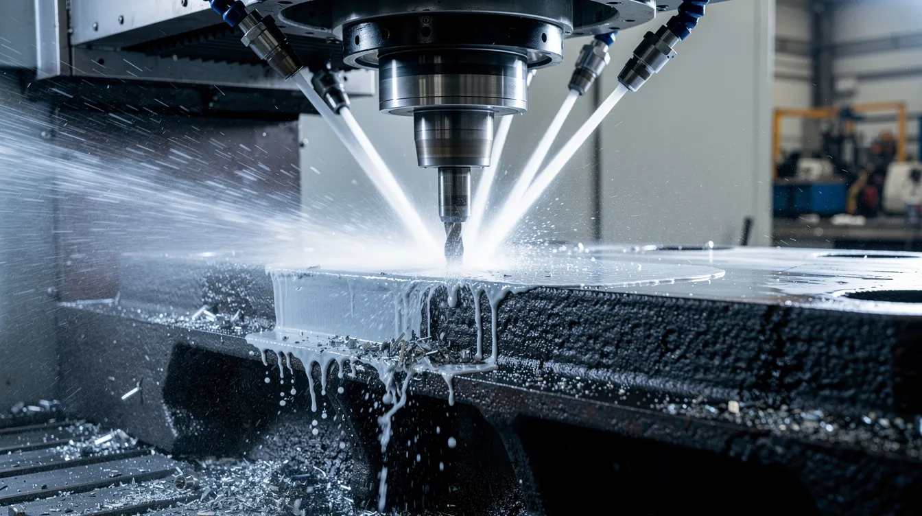 An industrial CNC milling machine is actively cutting a heavy dark iron casting, with visible coolant spray enhancing the machining process. This scene showcases the precision involved in working with materials like ductile cast iron, known for its durability and excellent mechanical properties.