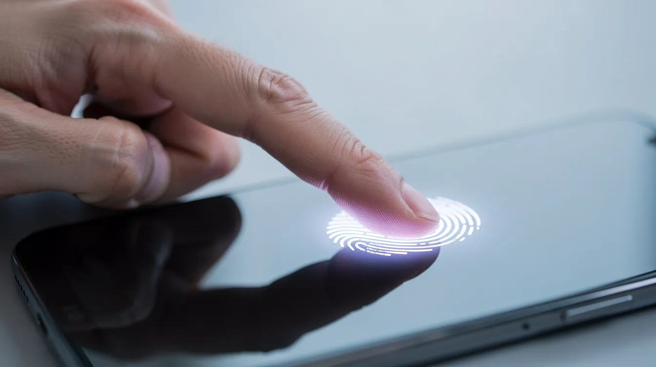 A close-up image shows a hand placing a finger on a smartphone screen, utilizing fingerprint recognition for secure access. This feature is often used in mobile banking apps for cardless transactions, allowing users to withdraw cash without a physical debit card.