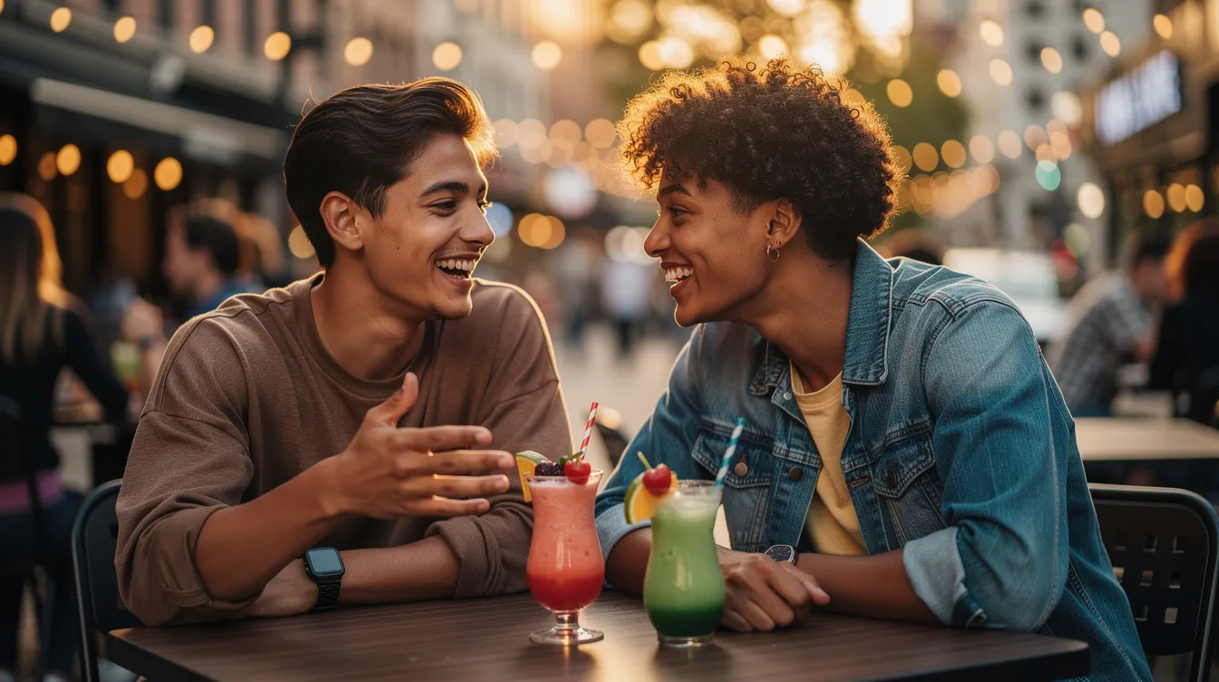 A cheerful scene of two 20-year-olds on a date at a cozy coffee shop, laughing and enjoying each other's company, showcasing the fun side of online dating. The image captures the excitement of young love, as they engage in small talk and share a meaningful connection, reflecting the vibrant dating scene that many explore through popular dating apps.