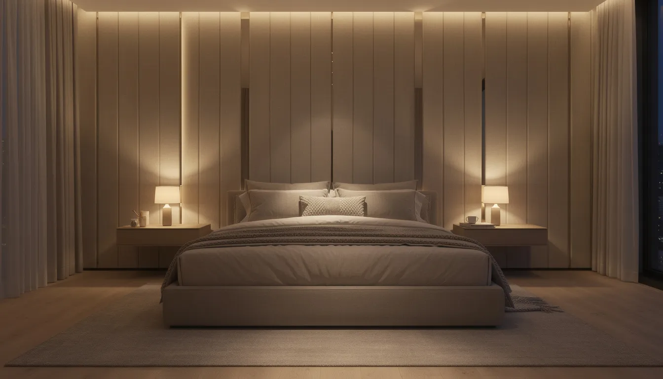 Een moderne slaapkamer met wandpanelen die een luxe hoofdbord-effect creëren achter het bed, voorzien van zachte verlichting die een warme sfeer uitstraalt. De wandpanelen zijn gemaakt van hoogwaardig polyurethaan en hebben een strakke afwerking met rechthoekige lijnen en een gladde structuur, wat bijdraagt aan de diepte en karakter van de ruimte.
