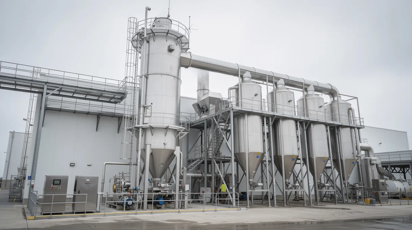The image depicts a large industrial spray drying tower, equipped with metal ducting and cyclone separators, situated within a dairy manufacturing facility. This milk powder plant machinery is essential for converting liquid milk into powdered milk, ensuring quality control and efficient processing in the dairy industry.
