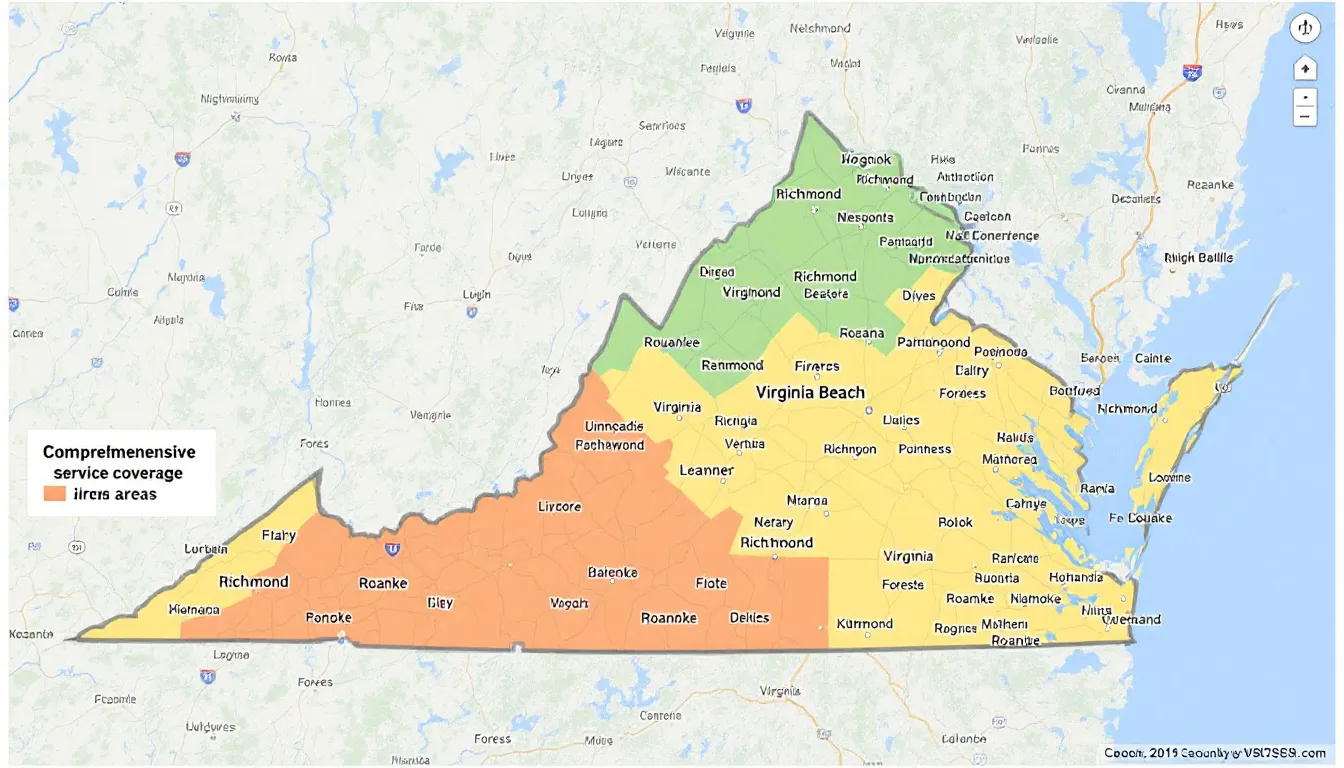 The image shows a detailed map outlining the comprehensive service coverage areas for rug cleaning in Virginia, highlighting key locations such as Virginia Beach and Norfolk. This map indicates the regions serviced by a professional team specializing in the cleaning process and restoration of area rugs, ensuring excellent service without hidden fees.
