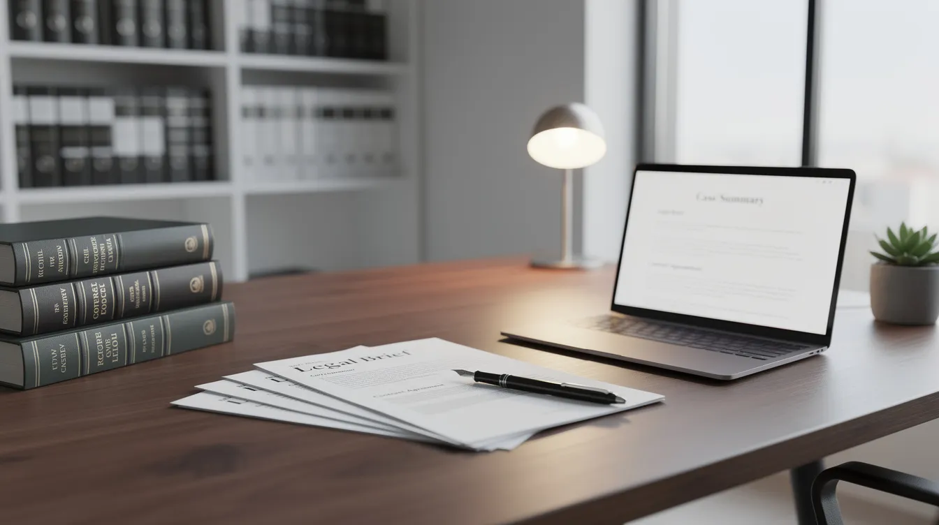 The image depicts a sleek, modern office desk in a law firm, featuring a laptop, neatly arranged legal documents, and various office supplies. This professional setting is indicative of a space where attorneys may handle judgment enforcement and debt collection matters.