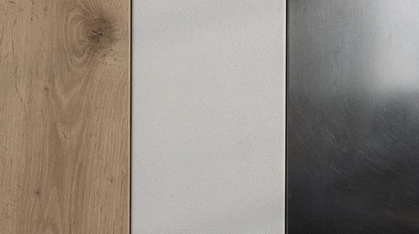 Close-up van verschillende tafelblad materialen, waaronder warm eikenhout, glad keramiek en donker metaal, die samen de veelzijdigheid van tafelontwerpen benadrukken. Deze materialen zijn perfect voor het creëren van een blad dat bij jouw interieur past.