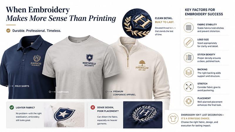 Embroidered logos on polo shirts, uniforms, and premium apparel with key embroidery considerations