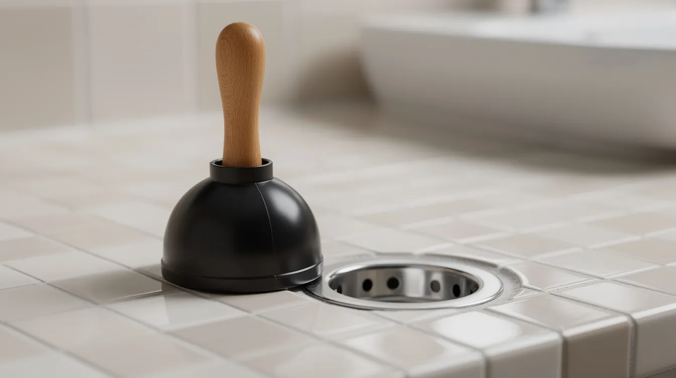 A rubber cup plunger is positioned next to a bathroom sink drain on a tiled countertop, ready to tackle clogged drains. This essential plumbing tool is often used to create suction and pressure to break stubborn clogs caused by soap scum, hair, and other debris.