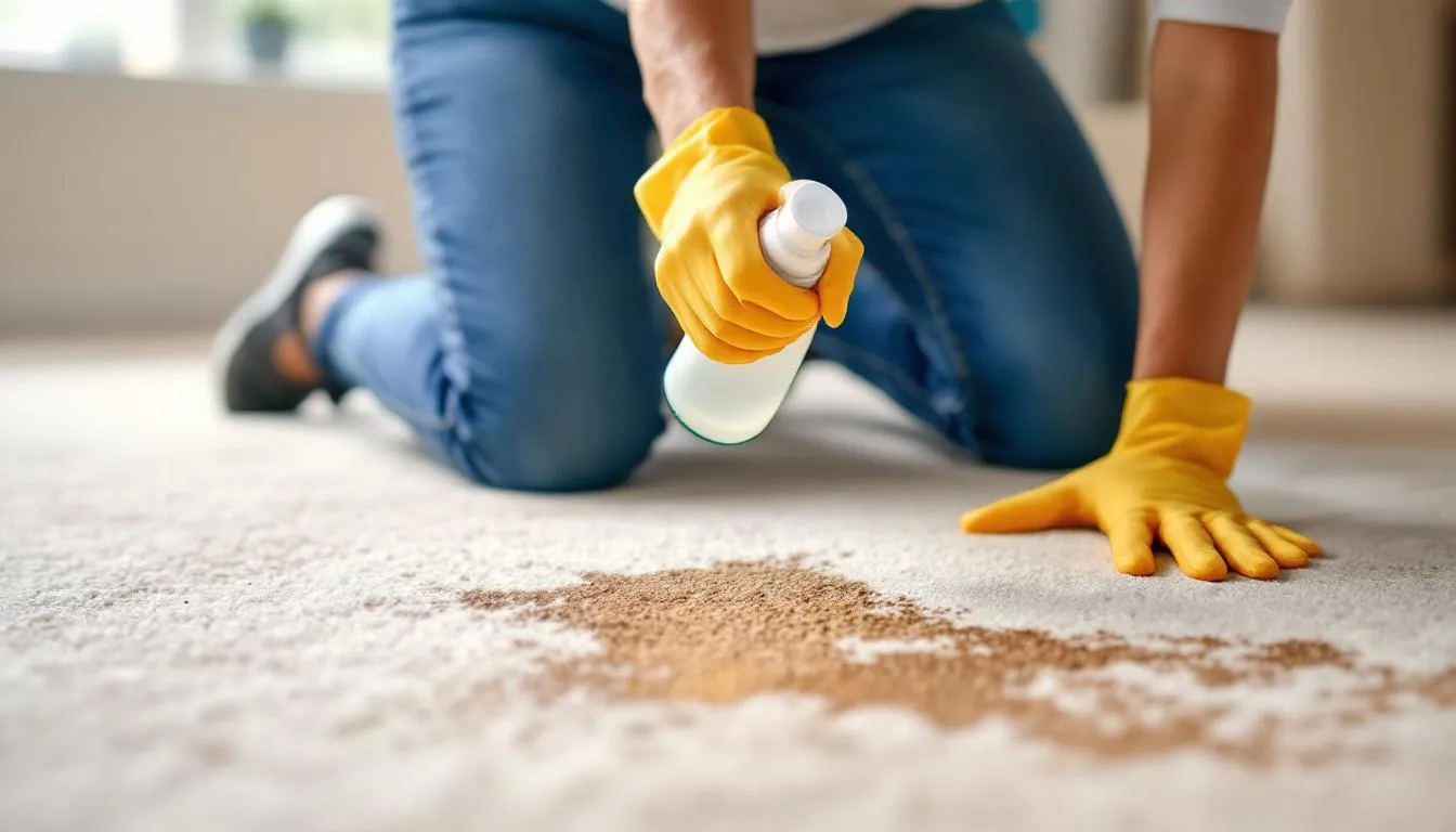 A pet owner is wearing rubber gloves and using an enzymatic cleaner to clean a carpet, likely due to a recent accident from their dog. The scene emphasizes the importance of maintaining a clean home while training adult dogs to go potty outside and reinforcing good behavior.