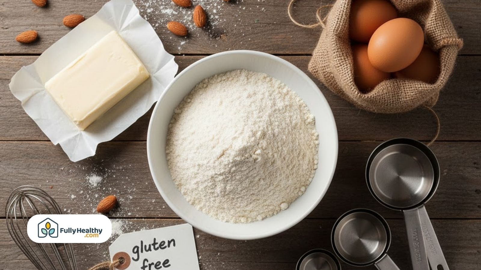 Almond flour in a bowl with eggs and butter on a wooden table labeled gluten free.