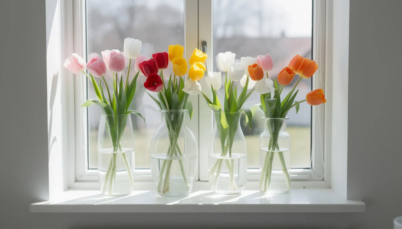 En ljus fönsterbräda pryds av vackra glasvaser i olika storlekar, fyllda med färska tulpaner i en mängd färger. Dessa trendiga vaser skapar en livfull inredningsdetalj som förgyller hemmet.