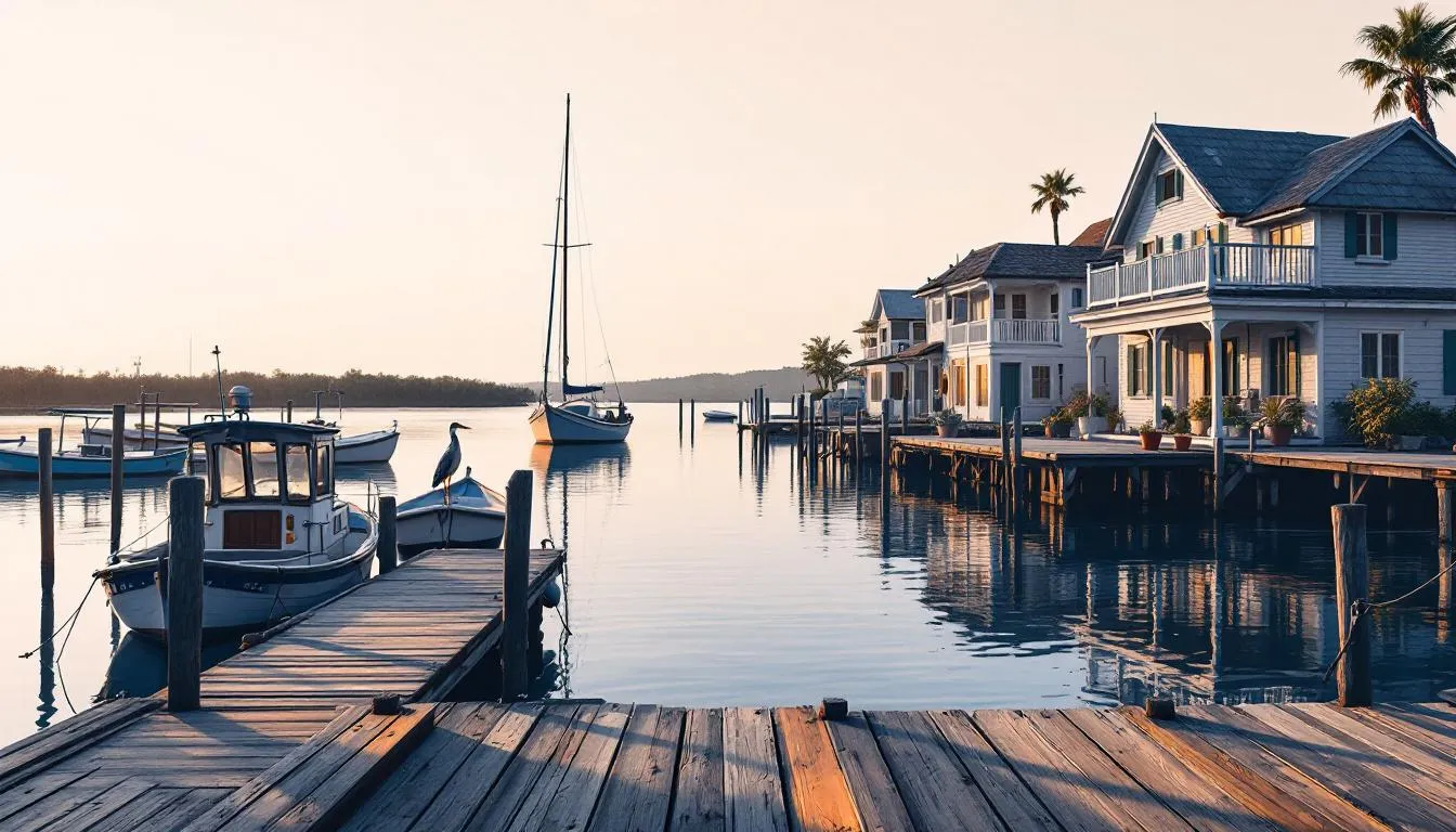 The image depicts a serene marina on Pine Island, showcasing colorful fishing boats docked alongside charming waterfront homes that reflect the area's small-town character and appeal to nature lovers. This picturesque setting highlights the perfect blend of island life and real estate opportunities in Florida.