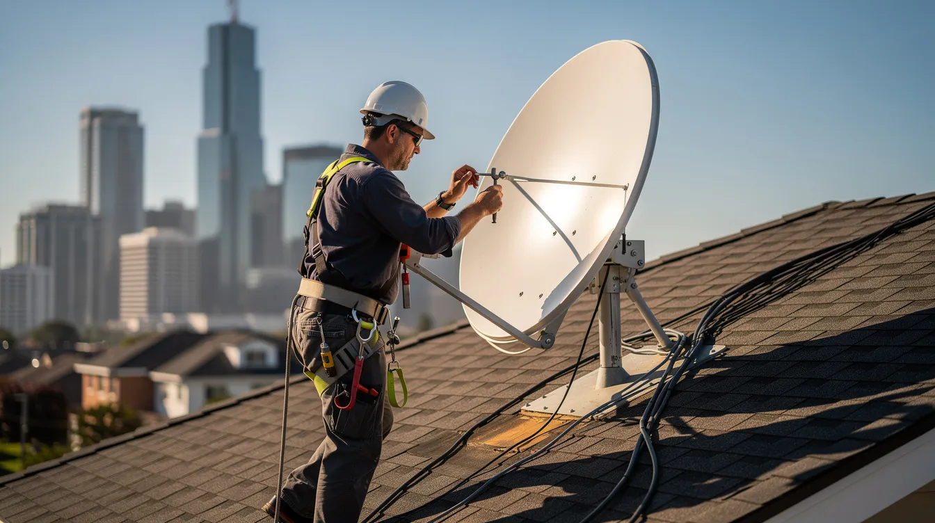 A technician is carefully aligning a satellite dish on a residential rooftop, with a bustling city skyline in the background. This professional service is part of the installation process for DSTV, ensuring homeowners receive quality channels and connections.