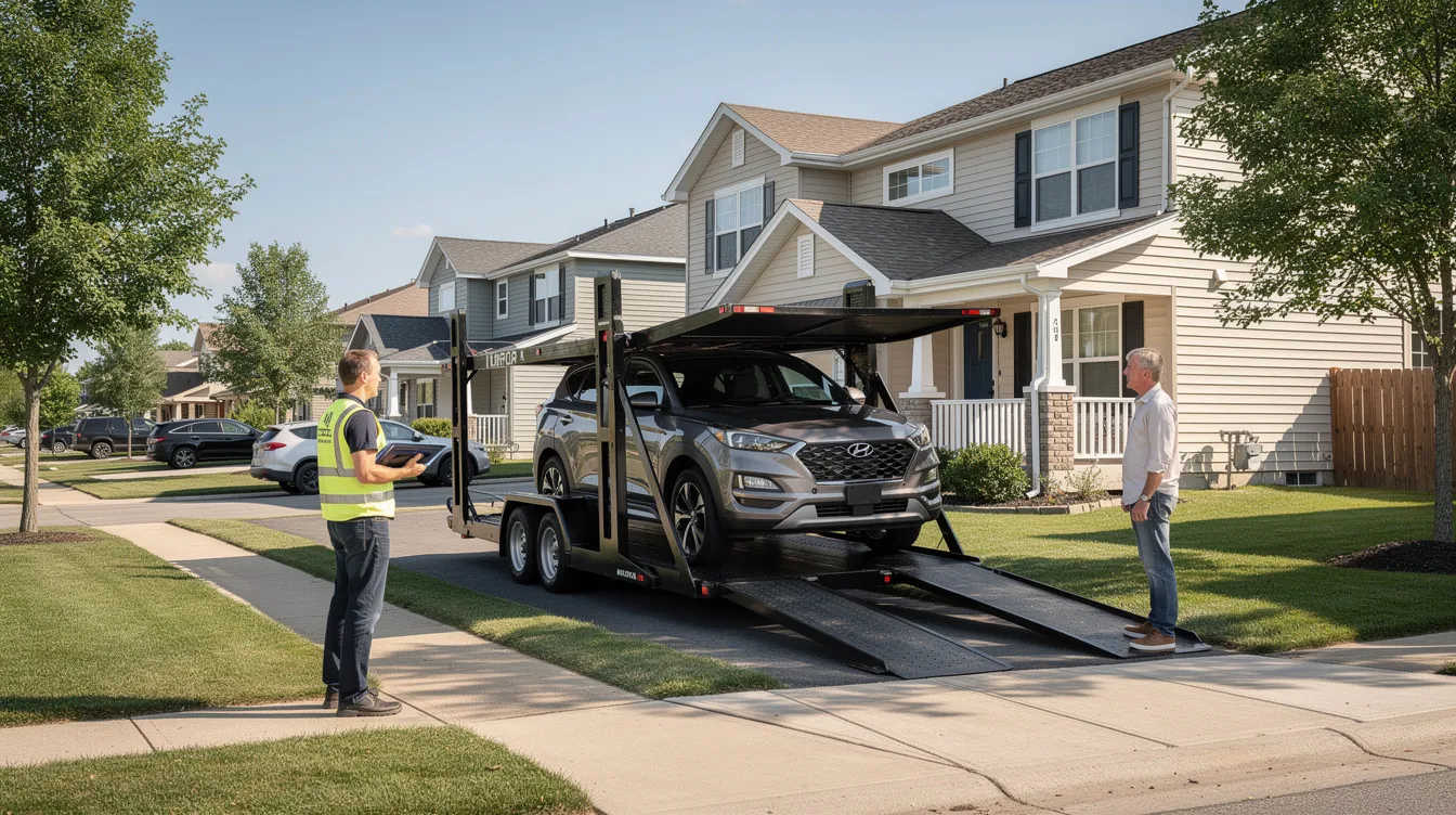 A car carrier is parked on a residential street, delivering a vehicle to a homeowner's driveway. This scene highlights the process of vehicle transportation, showcasing the auto transport services that facilitate car shipping directly to customers' homes.