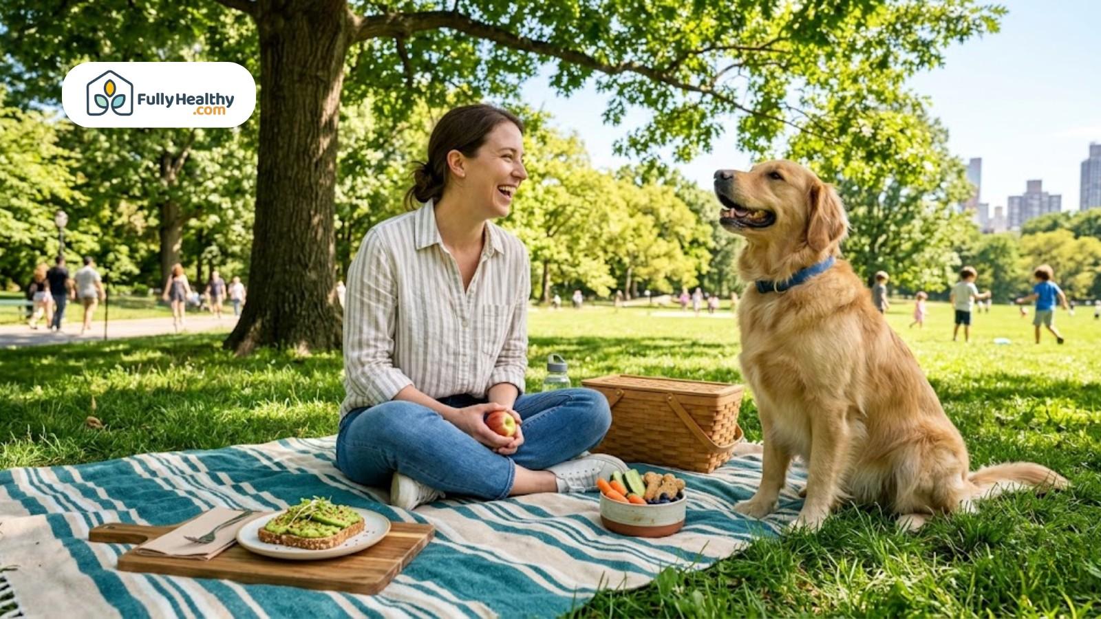 Woman and dog enjoying picnic together in park with healthy snacks