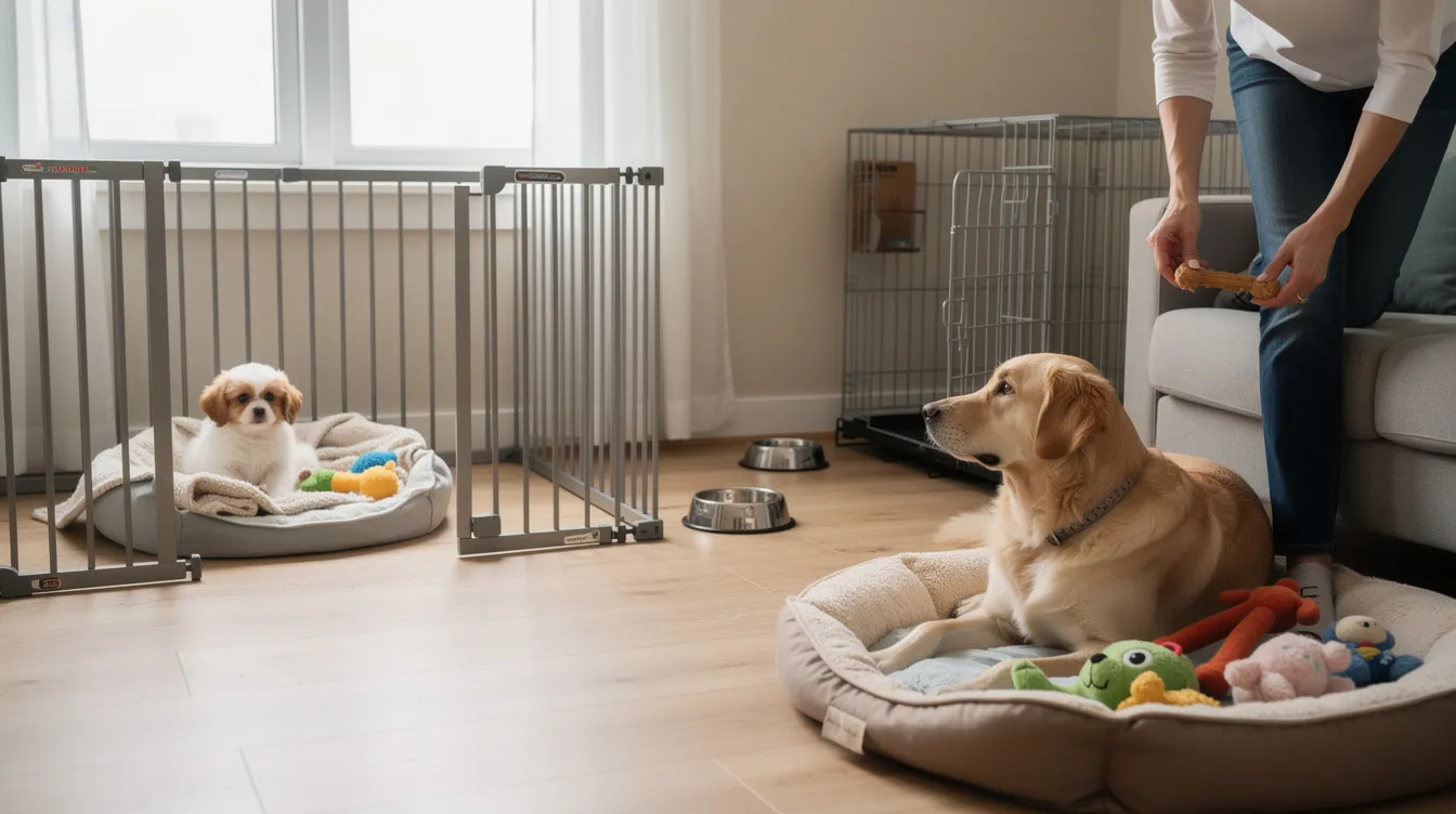 The image depicts a calm and inviting living room setting, where an older dog is lying comfortably on a soft rug while a new puppy curiously approaches, showcasing their first meeting. The environment is cozy, with toys scattered around and a few high-value treats placed nearby, emphasizing the importance of a proper introduction in a multi-dog household.