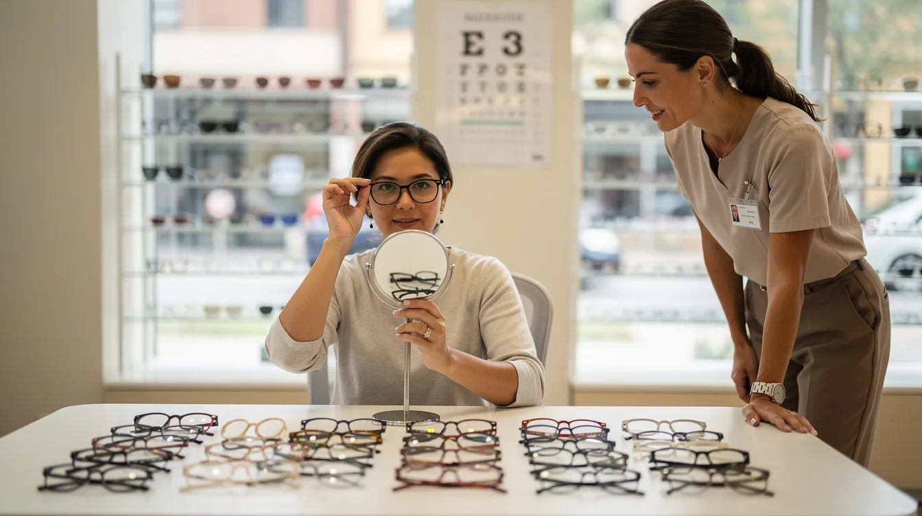 Een persoon past een bril bij de opticien, terwijl verschillende monturen op tafel liggen. De opticien helpt de klant, die mogelijk last heeft van vermoeide ogen en wazig zicht door verziendheid, om de juiste sterkte en stijl te kiezen voor een scherp beeld.
