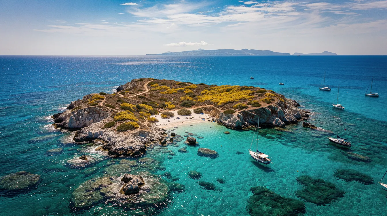 A imagem retrata a ilha de Rhenia, localizada na Grécia, conhecida por suas praias de areia branca e águas cristalinas do mar Egeu. Este destino é uma parte encantadora da cultura grega, ideal para quem busca tranquilidade e beleza natural em uma viagem ao clima mediterrâneo.