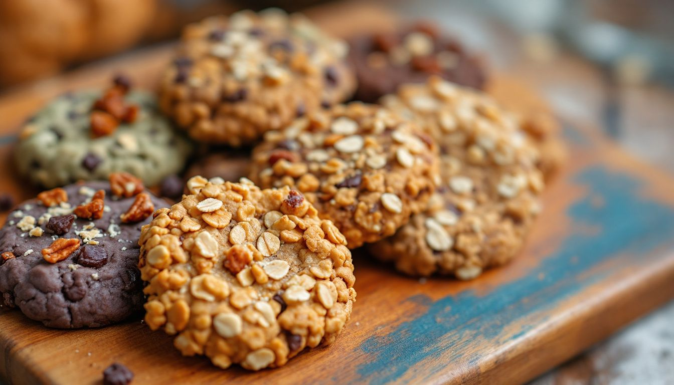 Eine Auswahl an Protein Cookies mit Nüssen und Haferflocken.